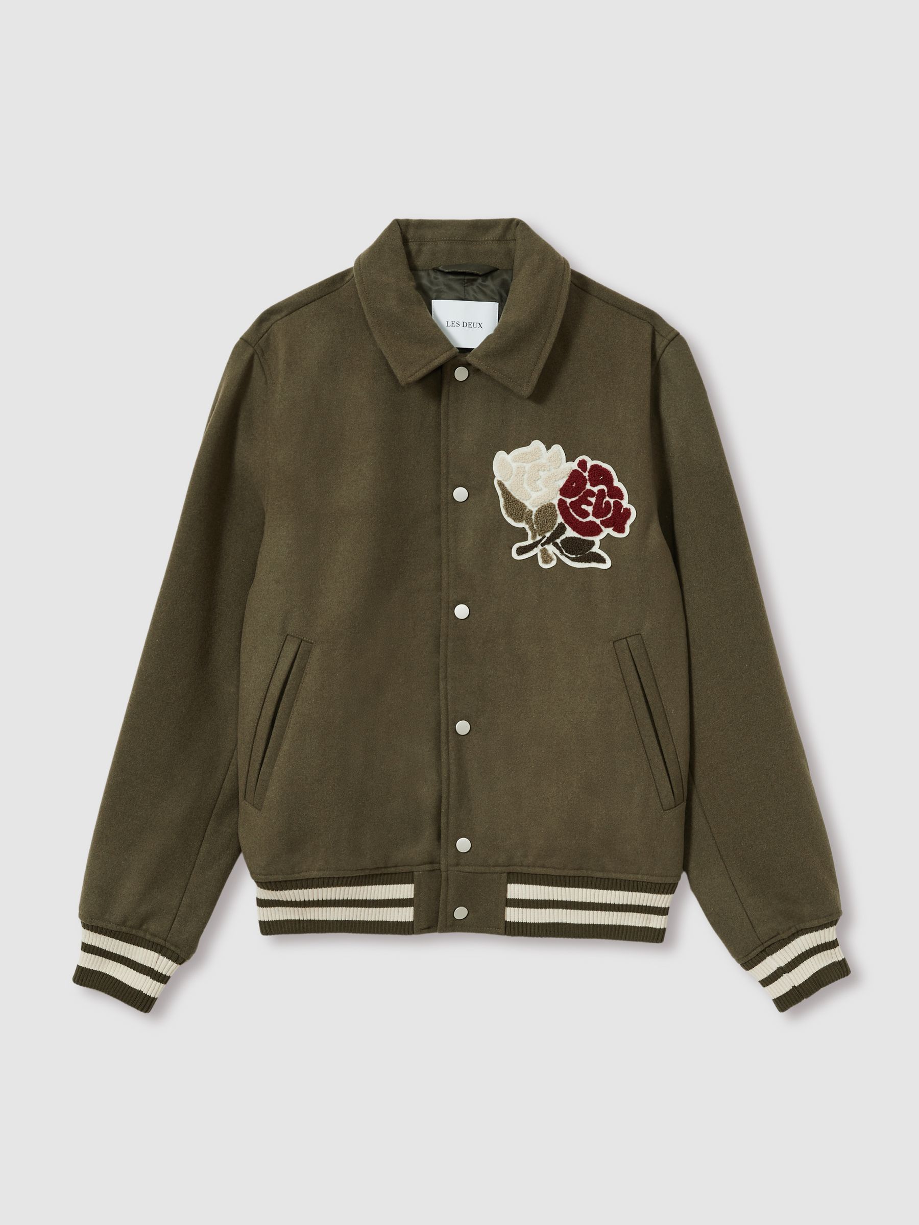 Les Deux Wool-Blend Varsity Jacket in Dark Olive - Image 2 of 6 Les Deux Wool-Blend Varsity Jacket in Dark Olive - Image 2 of 6