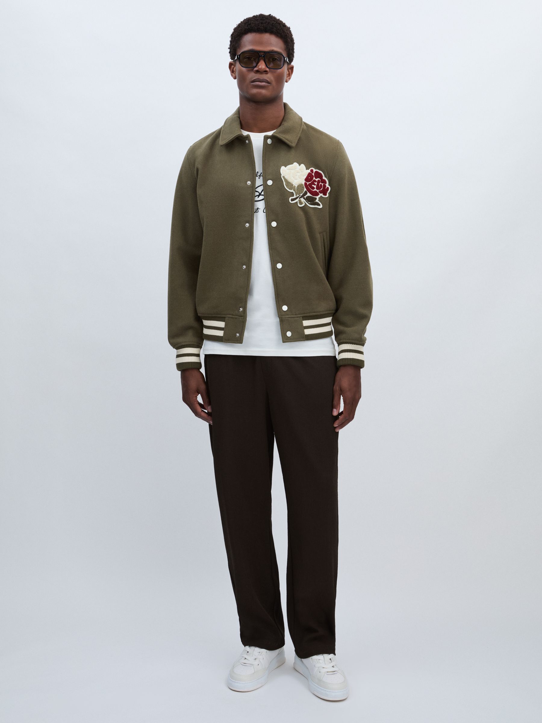 Les Deux Wool-Blend Varsity Jacket in Dark Olive - Image 3 of 6