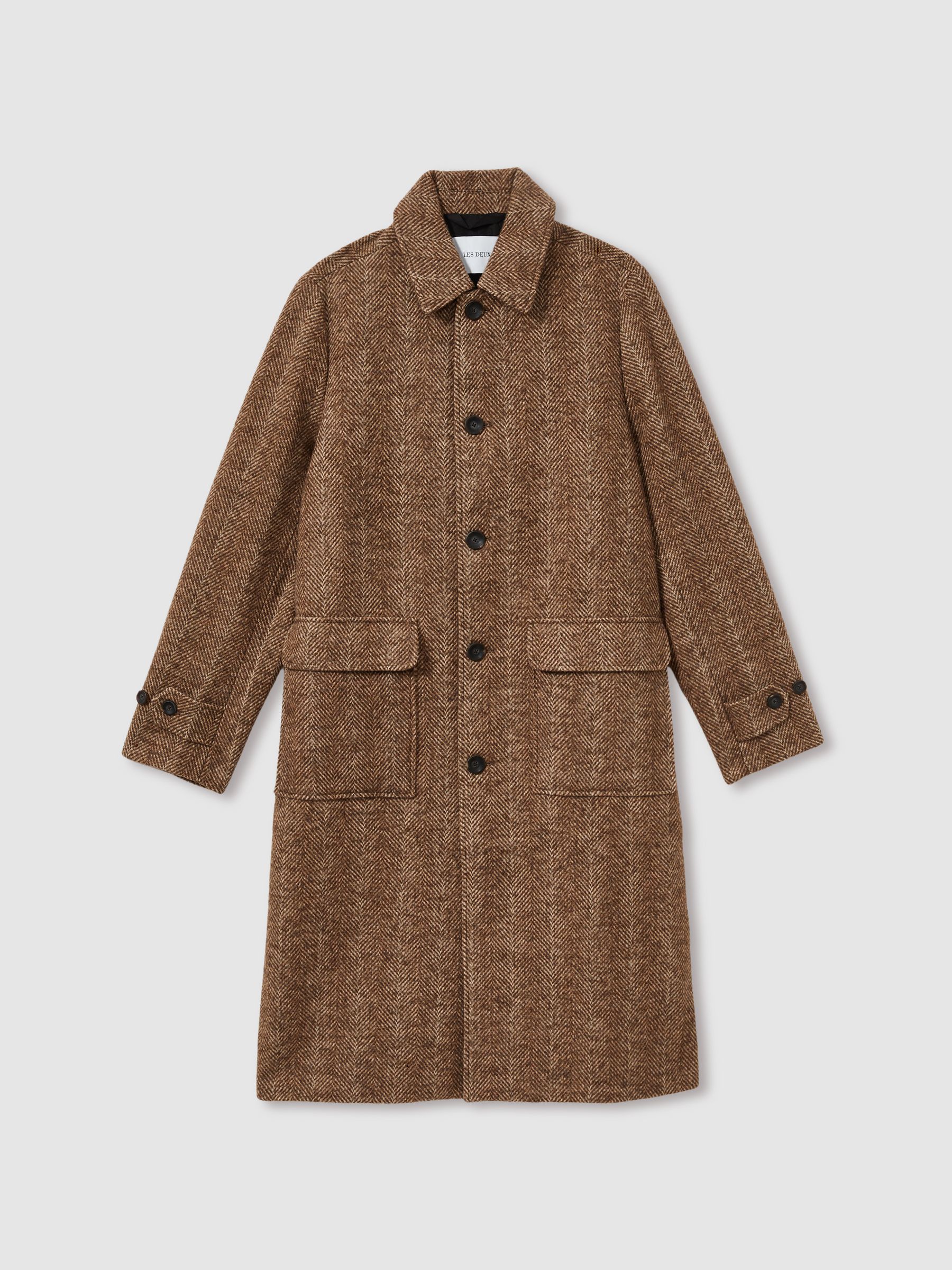 Reiss Les Deux Wool-Blend Long Herringbone Coat in Brown/Stone | REISS