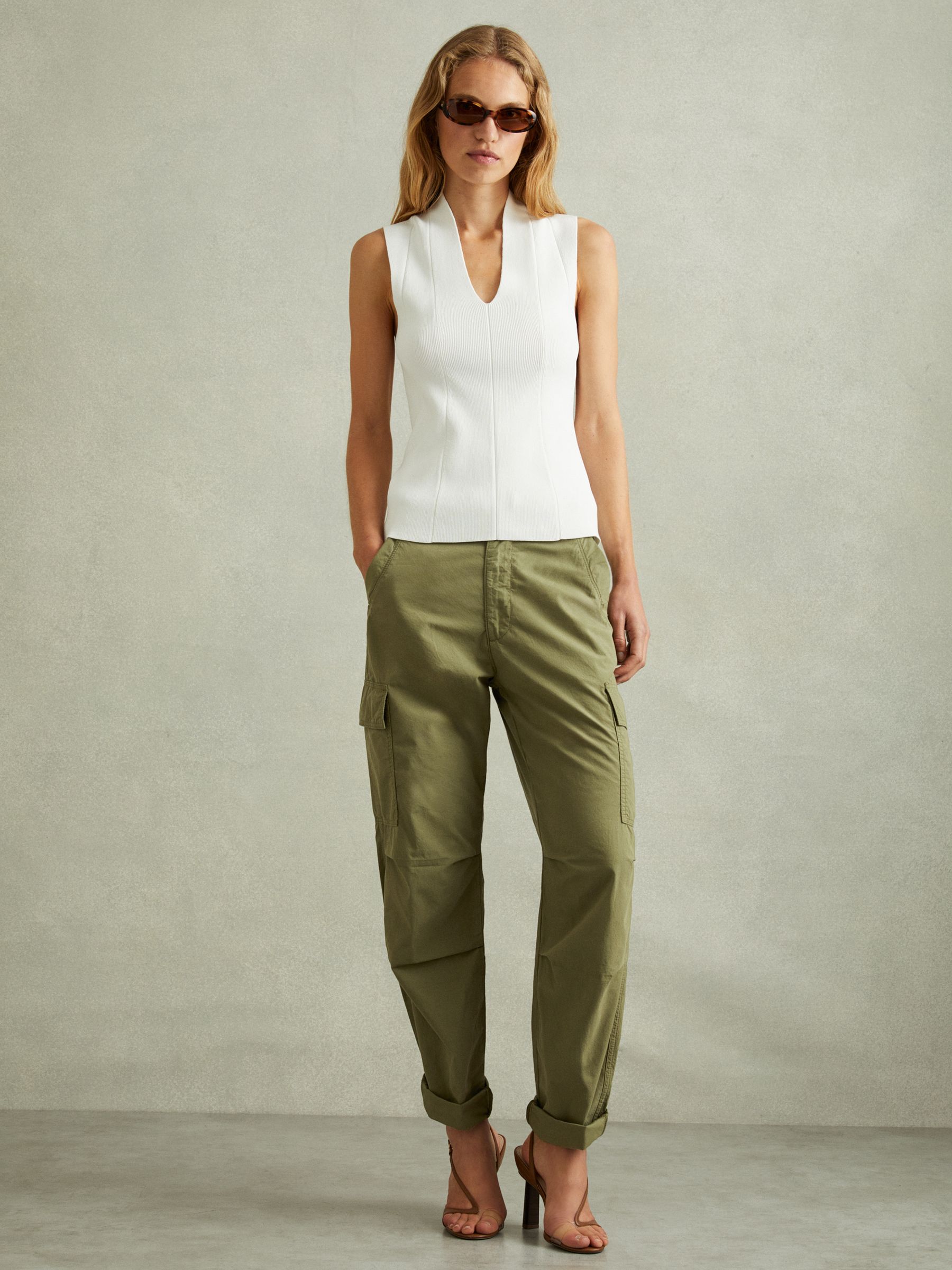 Tapered Drawstring Cotton Combat Trousers in Khaki - Image 1 of 6
