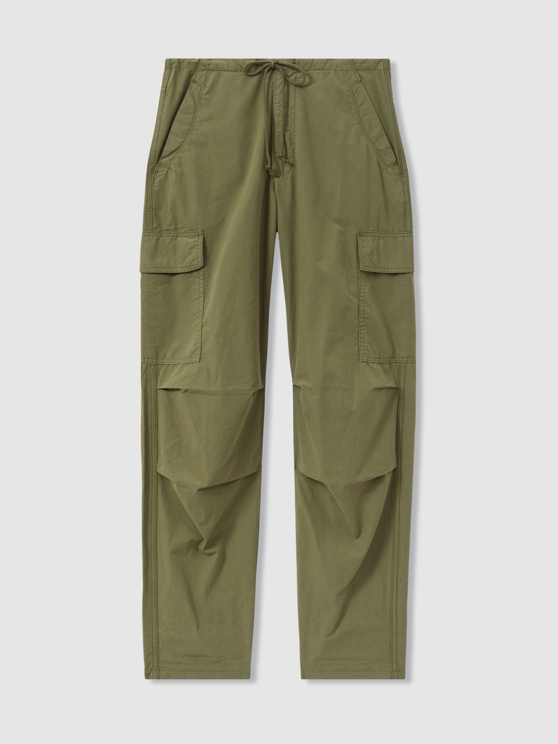 Tapered Drawstring Cotton Combat Trousers in Khaki - Image 2 of 6