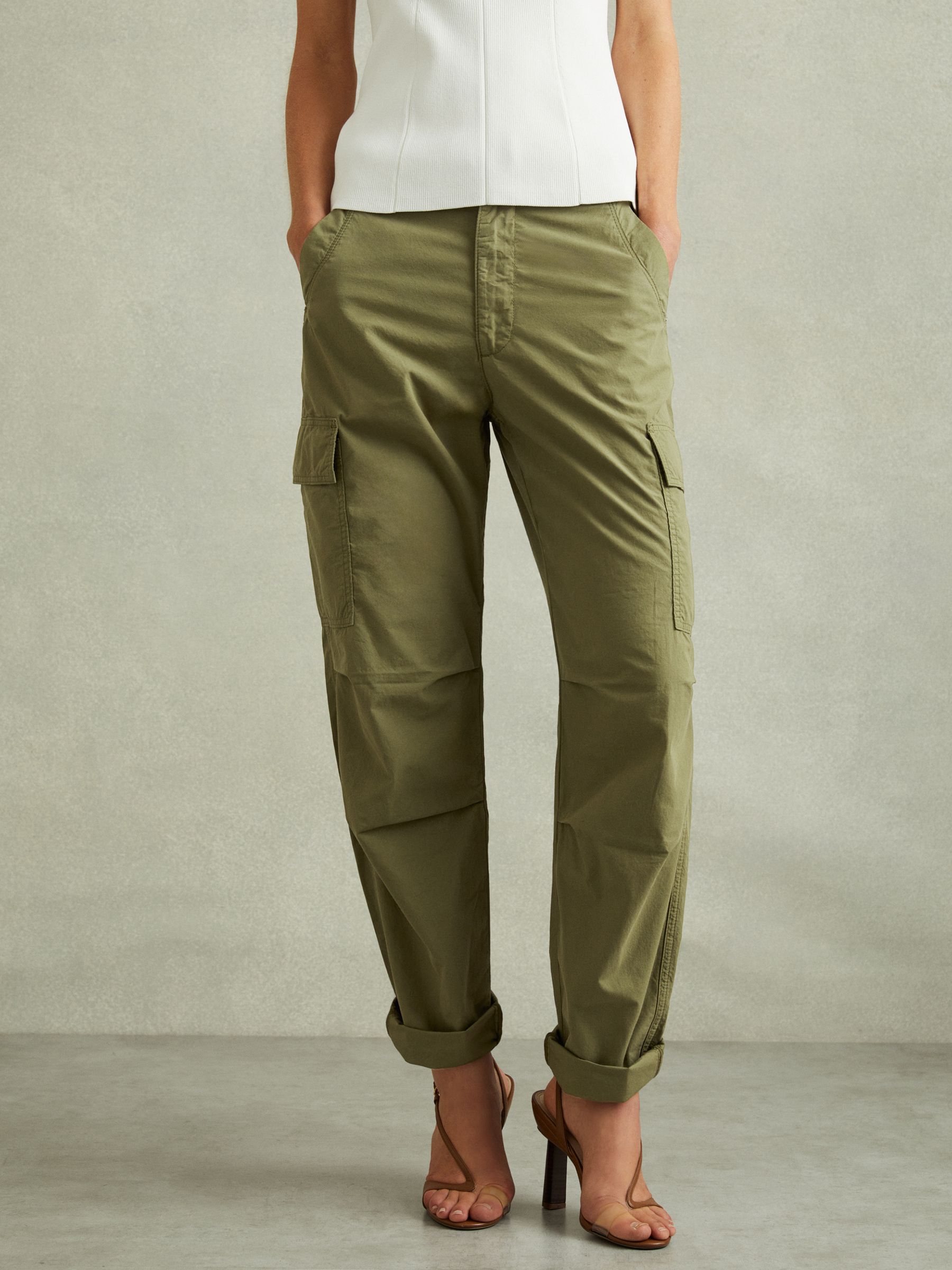 Tapered Drawstring Cotton Combat Trousers in Khaki - Image 3 of 6