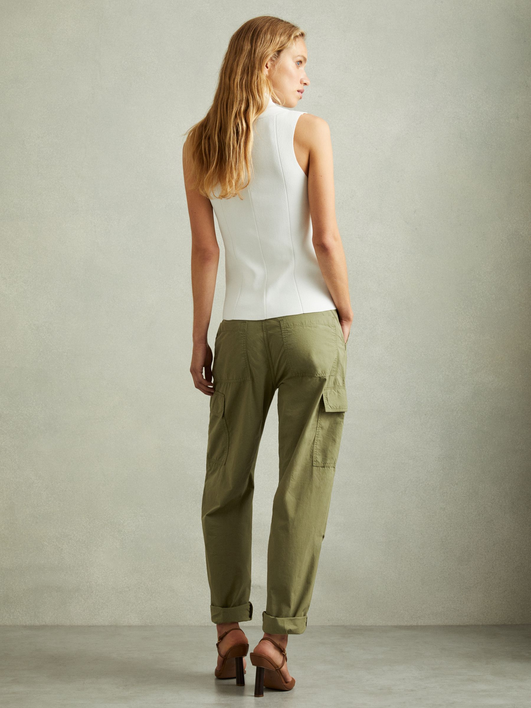 Tapered Drawstring Cotton Combat Trousers in Khaki - Image 5 of 6