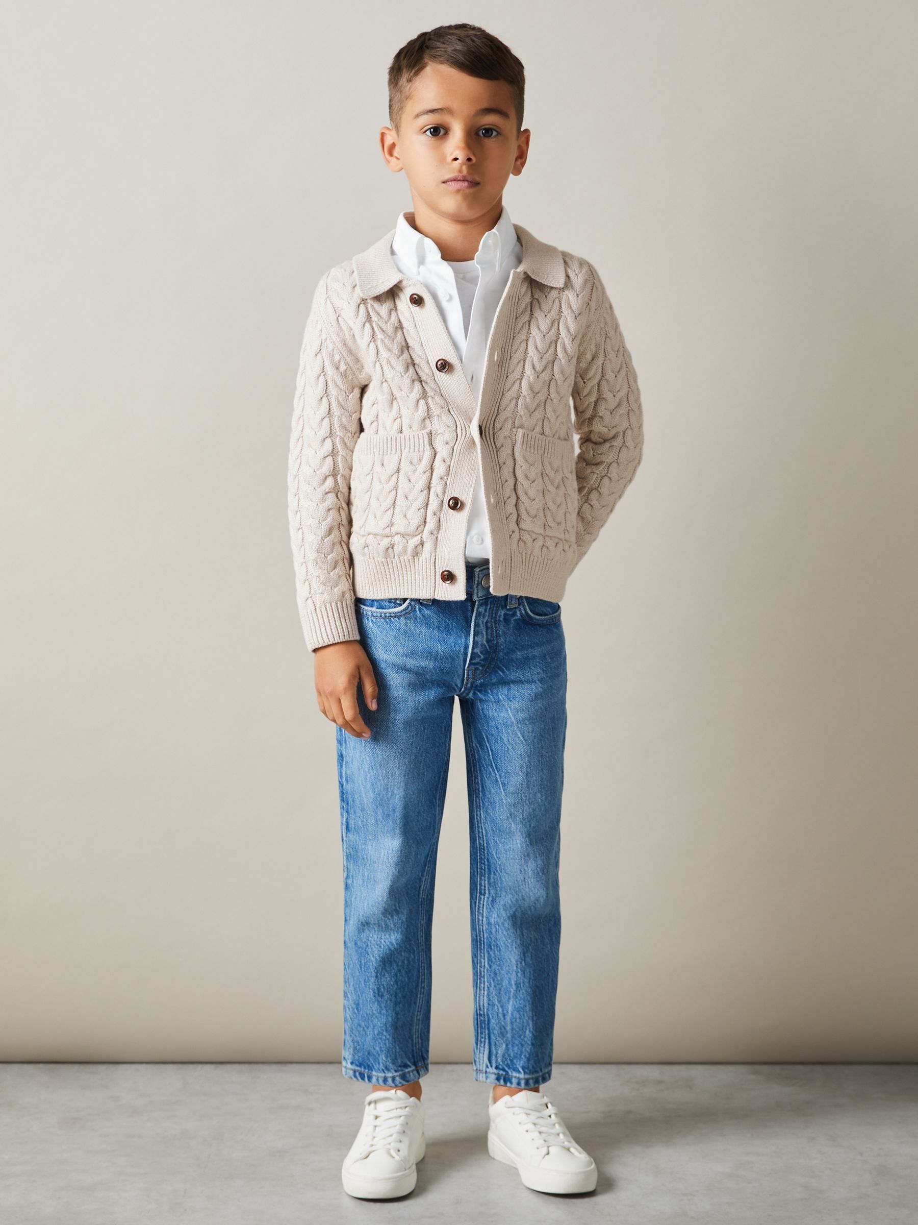 3-9 yrs Cable-Knit Cardigan in Oatmeal Melange - Image 1 of 4 3-9 yrs Cable-Knit Cardigan in Oatmeal Melange - Image 1 of 4