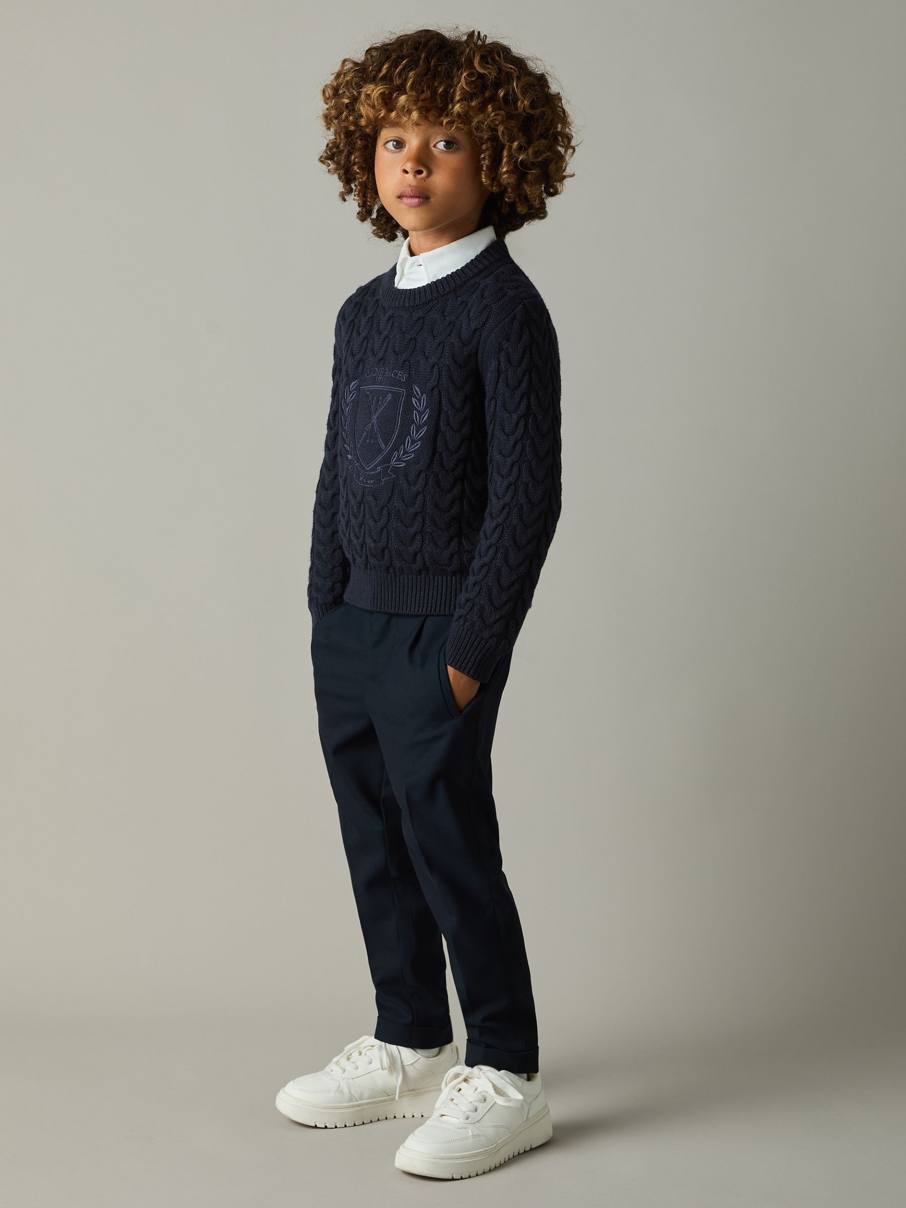 3-9 yrs Logo-Embroidered Cabled Jumper with Cotton and Wool in Navy - Image 1 of 4