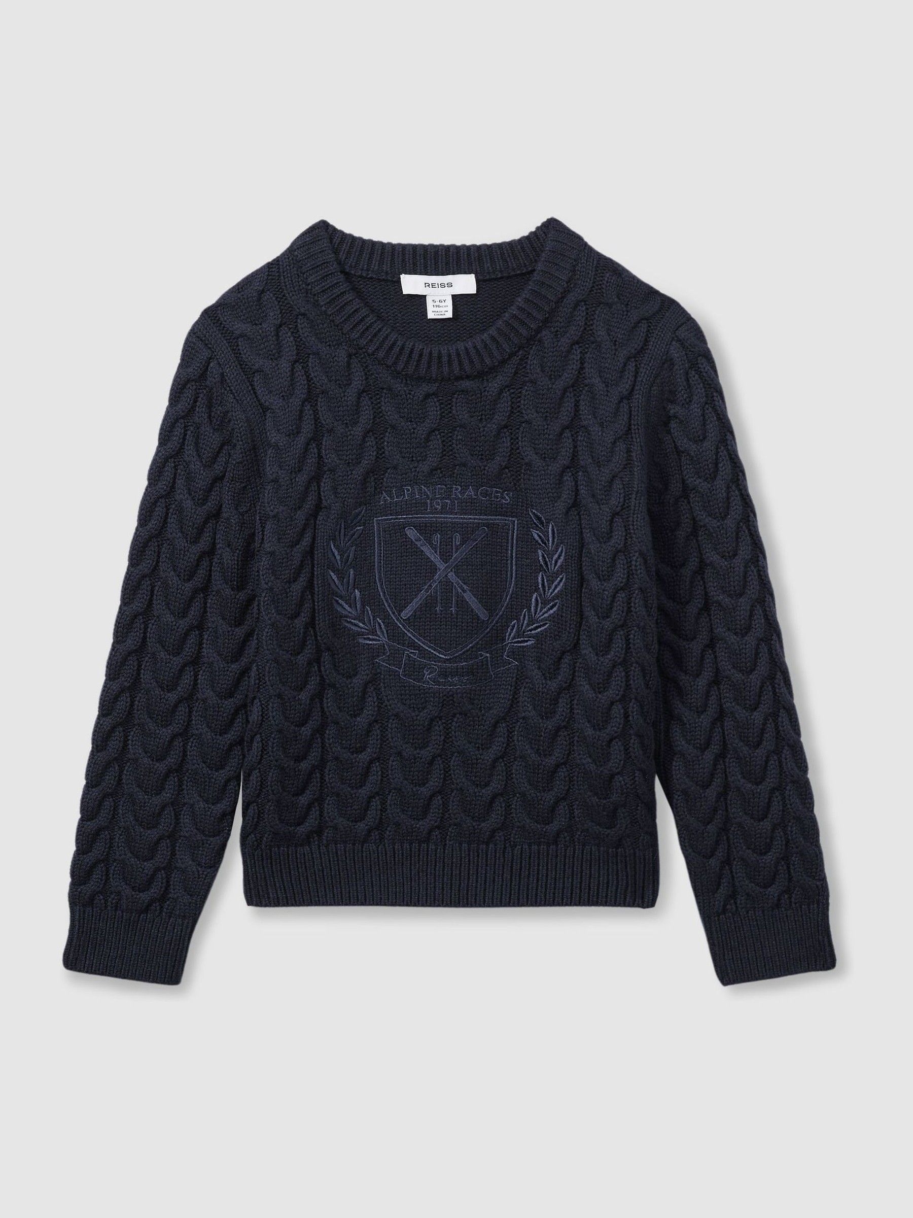 3-9 yrs Logo-Embroidered Cabled Jumper with Cotton and Wool in Navy - Image 2 of 4