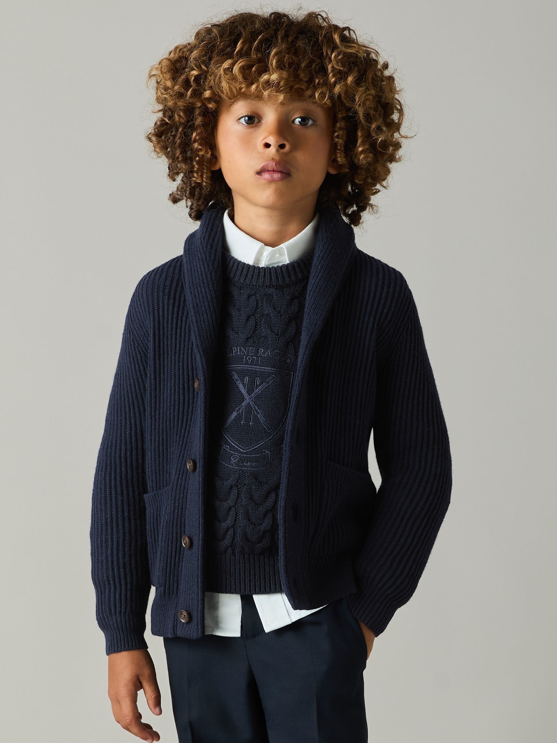 3-9 yrs Logo-Embroidered Cabled Jumper with Cotton and Wool in Navy - Image 3 of 4