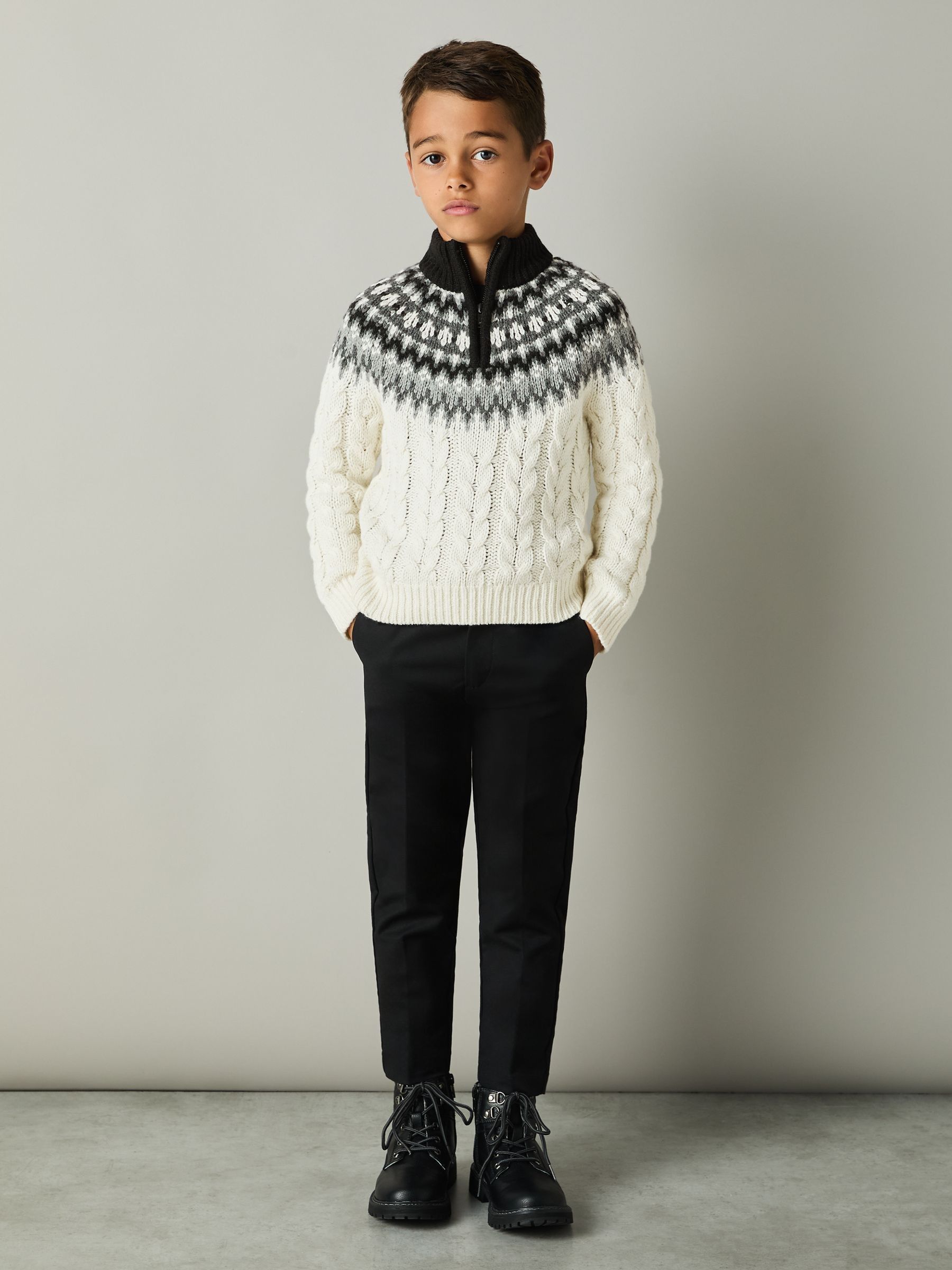 9-13 yrs Cabled Jumper with Cotton and Wool in White/Grey/Black - Image 3 of 4