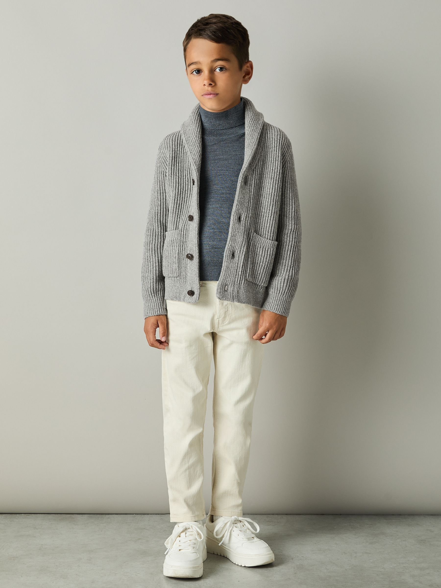 3-9 yrs Ribbed Shawl Cardigan With Merino Wool in Grey Melange - Image 1 of 4
