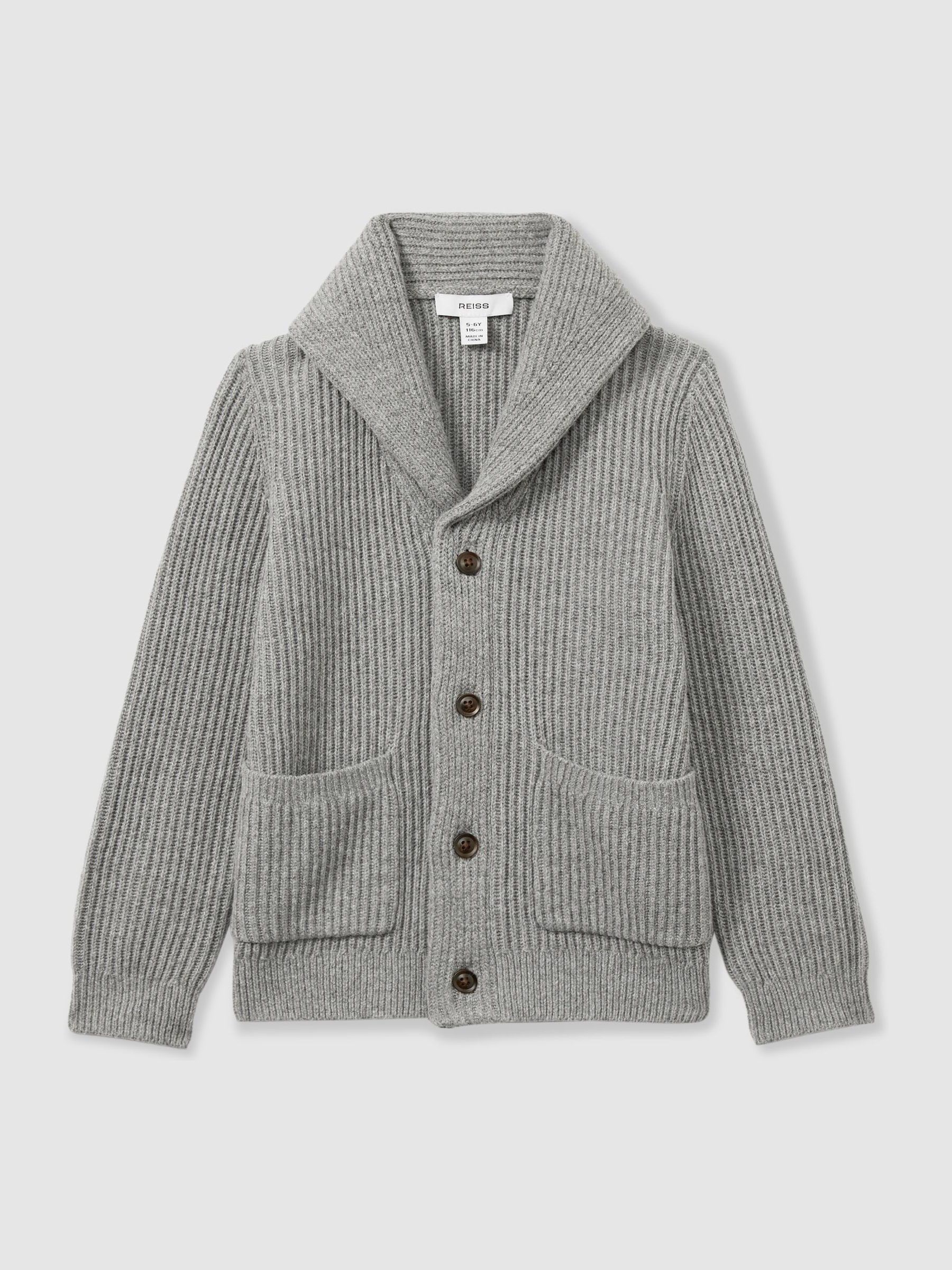 3-9 yrs Ribbed Shawl Cardigan With Merino Wool in Grey Melange - Image 2 of 4