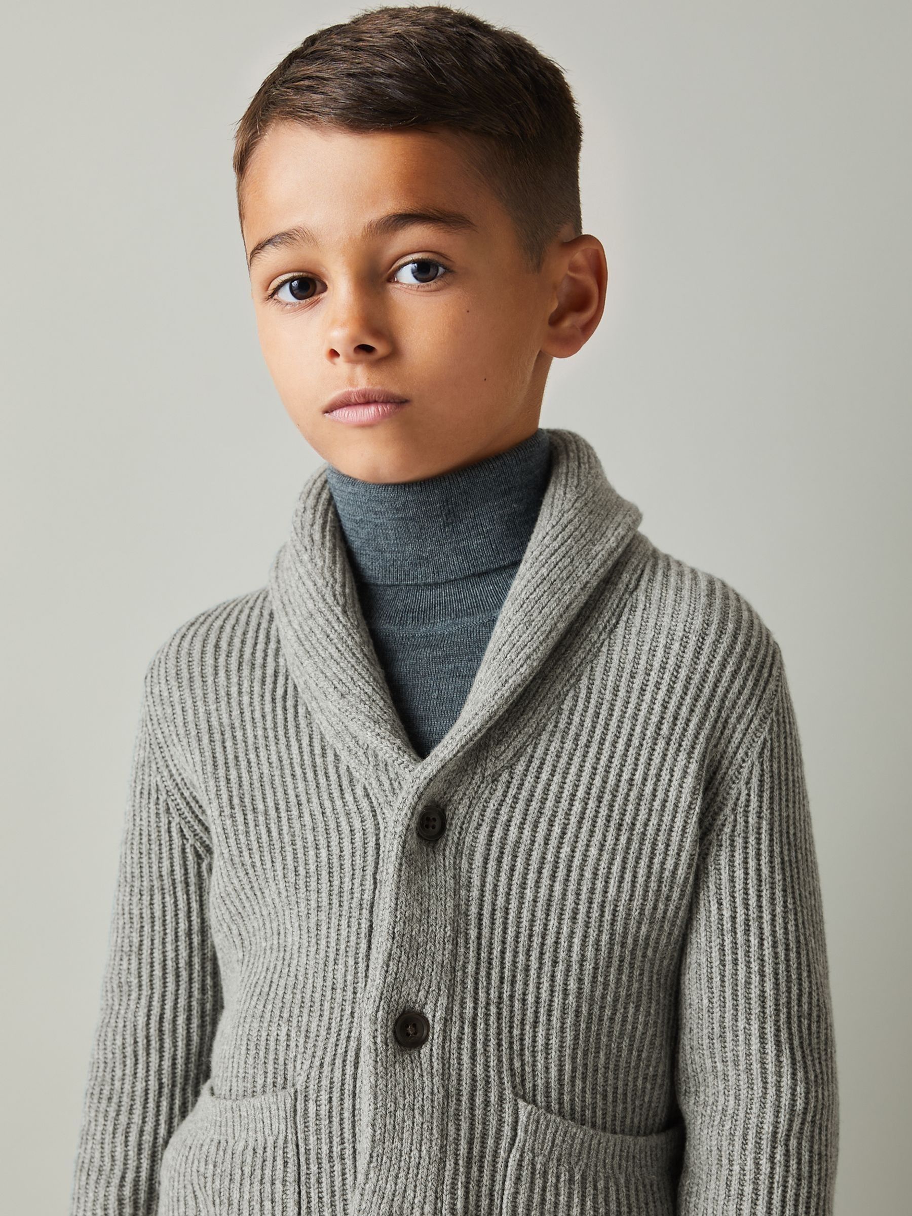 3-9 yrs Ribbed Shawl Cardigan With Merino Wool in Grey Melange - Image 3 of 4