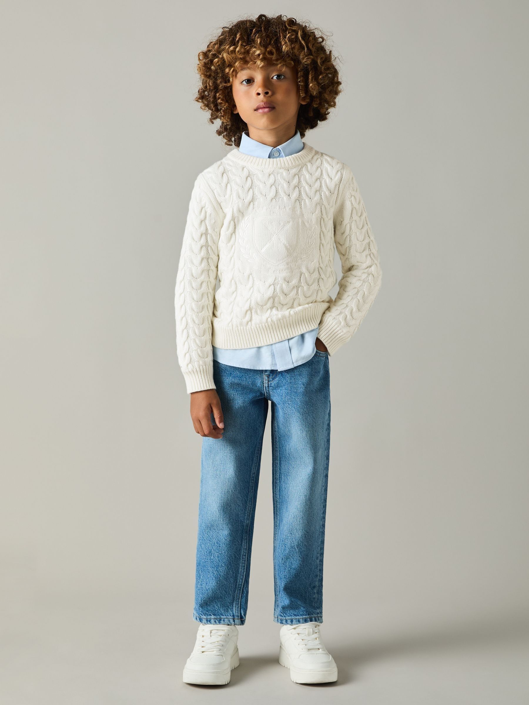 9-13 yrs Logo-Embroidered Cabled Jumper with Cotton and Wool in Off White - Image 3 of 4