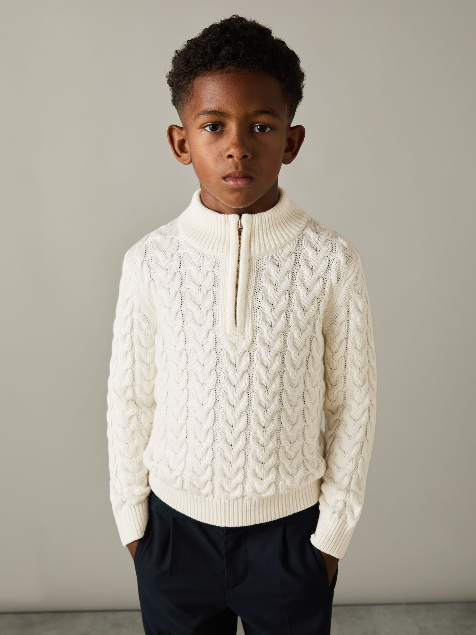 Junior Cabled Knitted Zip-Neck Jumper with Cotton and Wool in Off White - Image 1 of 5
