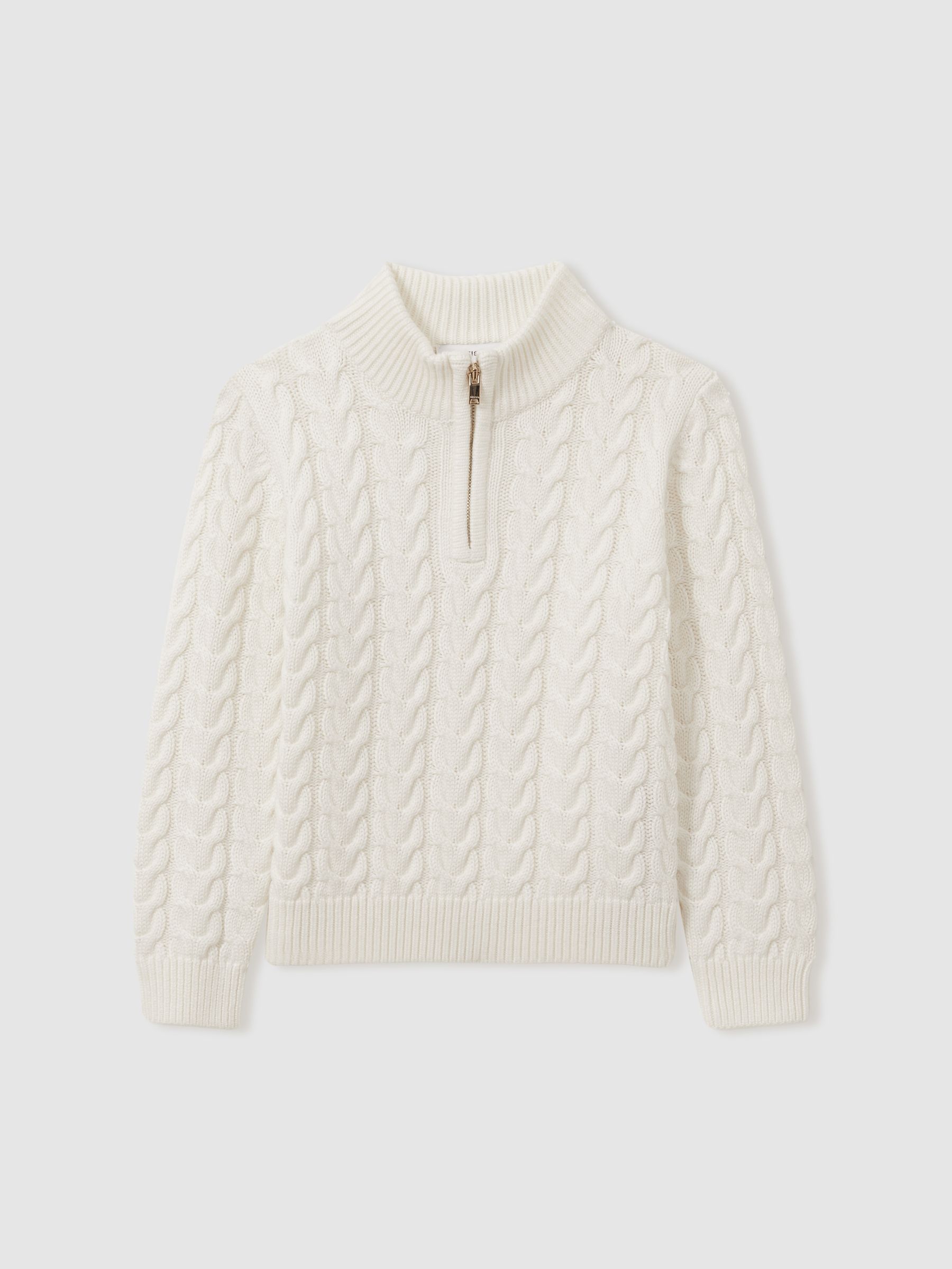 Junior Cabled Knitted Zip-Neck Jumper with Cotton and Wool in Off White - Image 2 of 5