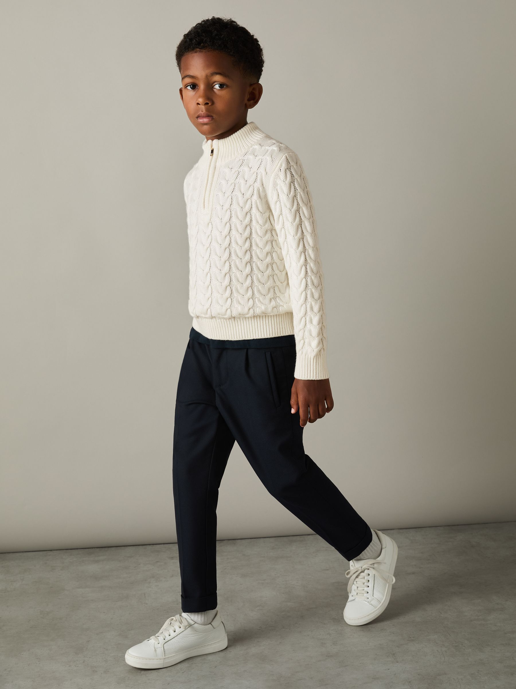 Junior Cabled Knitted Zip-Neck Jumper with Cotton and Wool in Off White - Image 3 of 5