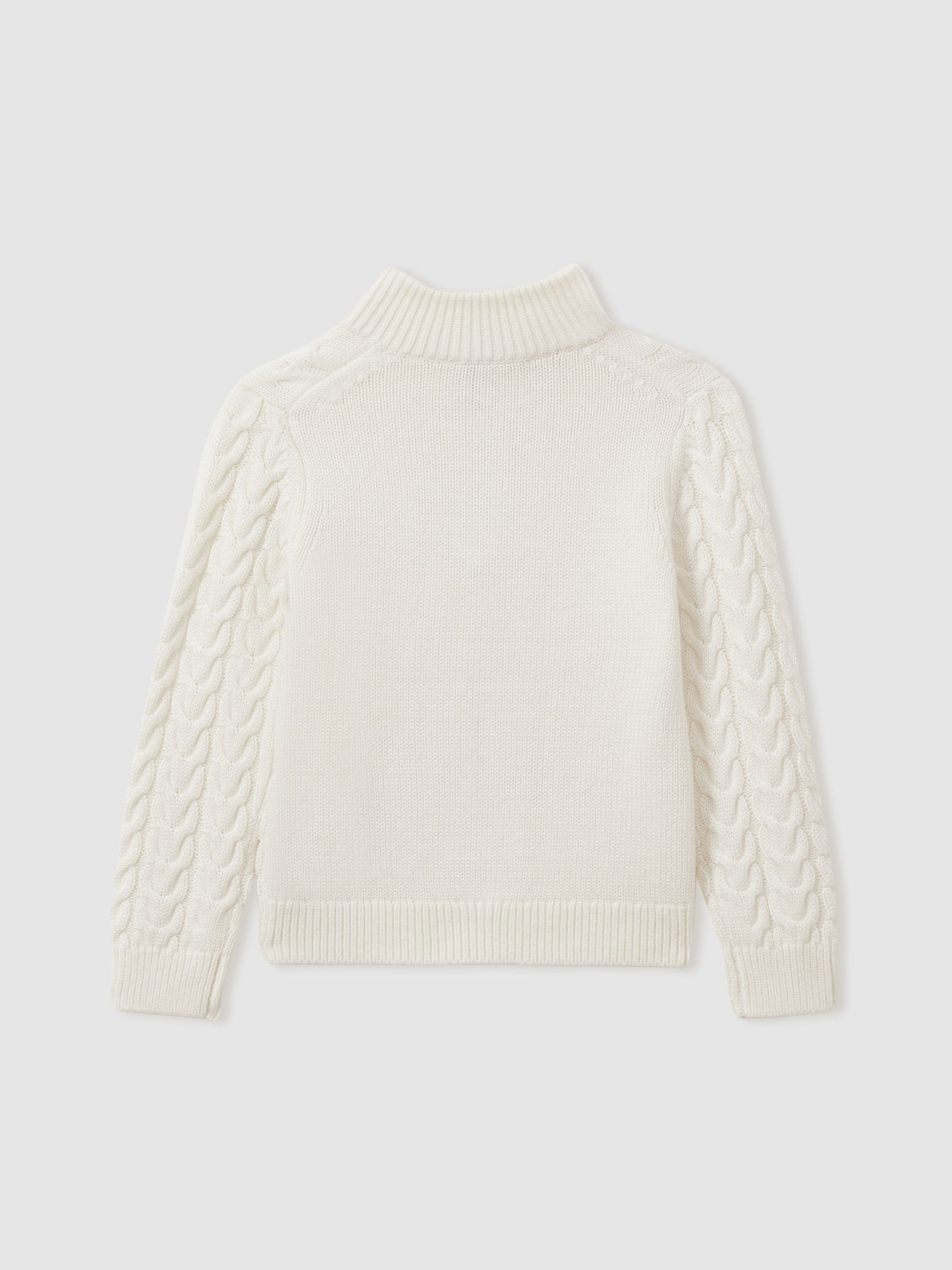 Junior Cabled Knitted Zip-Neck Jumper with Cotton and Wool in Off White - Image 4 of 5