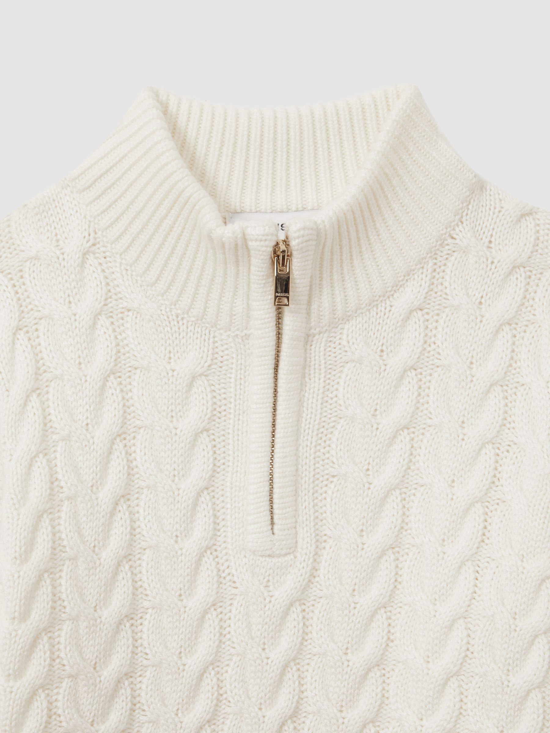 Junior Cabled Knitted Zip-Neck Jumper with Cotton and Wool in Off White - Image 5 of 5