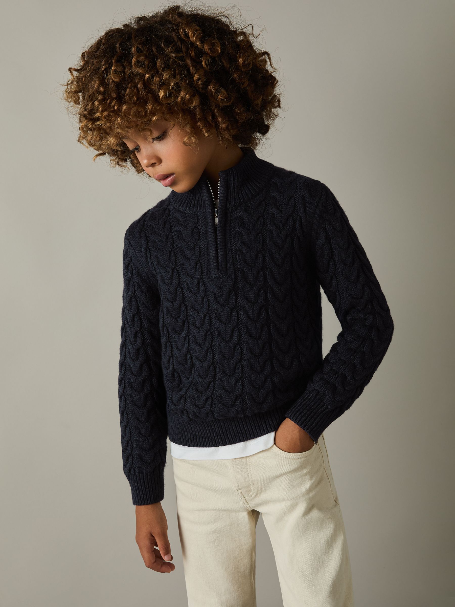 Junior Cabled Knitted Zip-Neck Jumper with Cotton and Wool in Navy - Image 1 of 5
