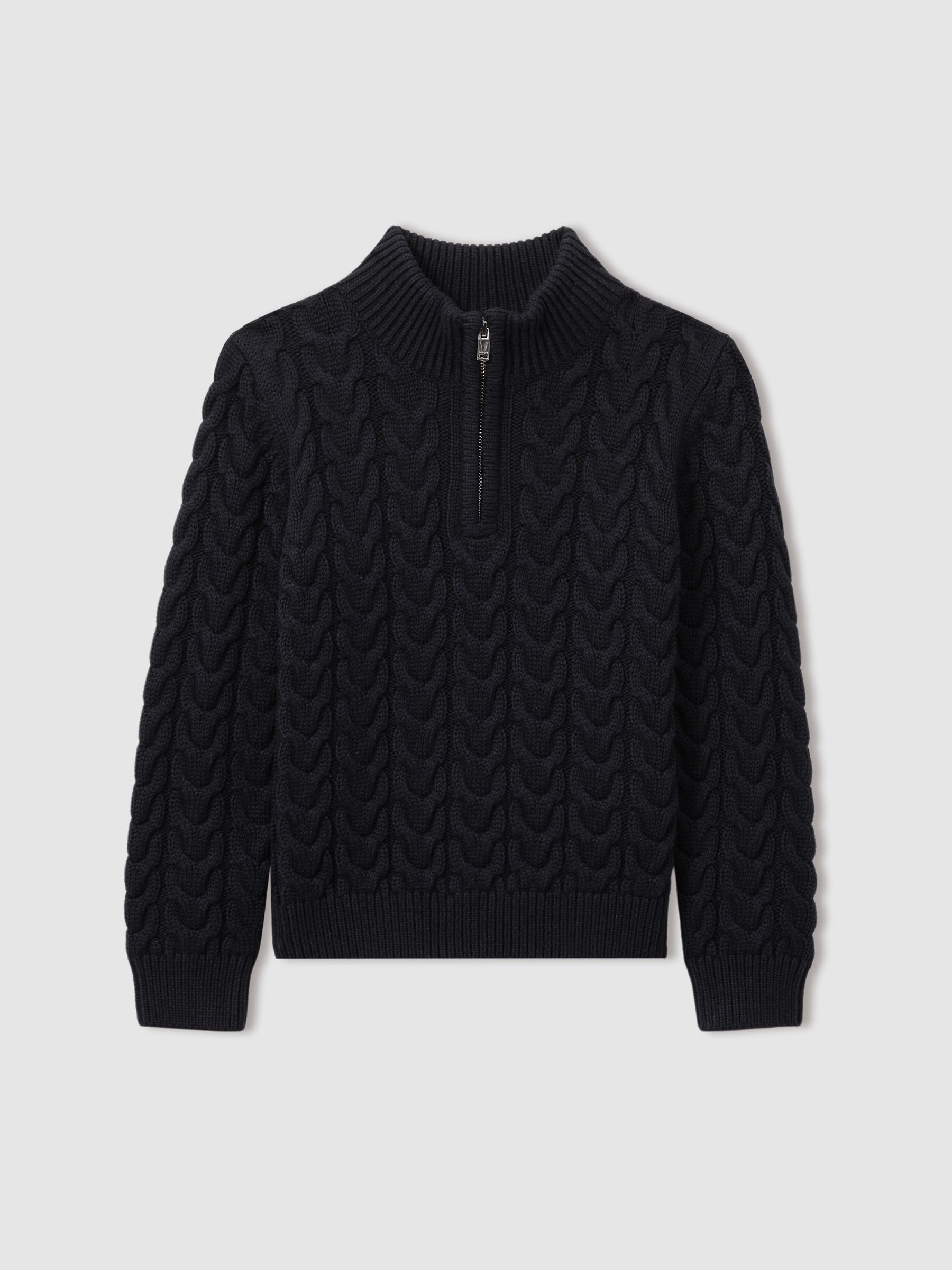 Junior Cabled Knitted Zip-Neck Jumper with Cotton and Wool in Navy - Image 2 of 5