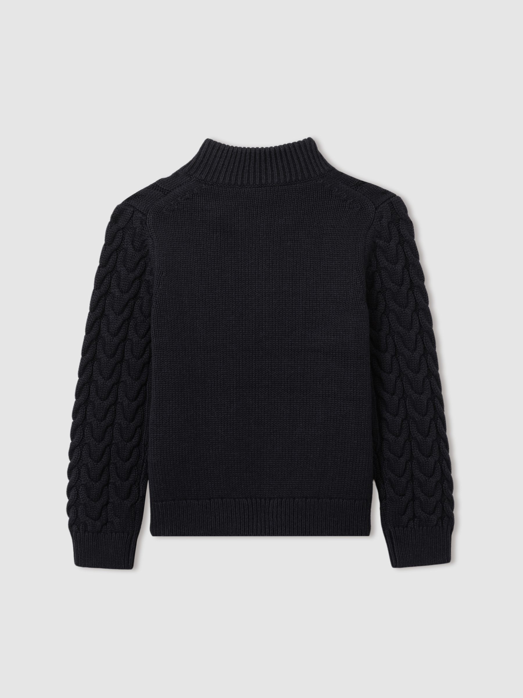 Junior Cabled Knitted Zip-Neck Jumper with Cotton and Wool in Navy - Image 4 of 5
