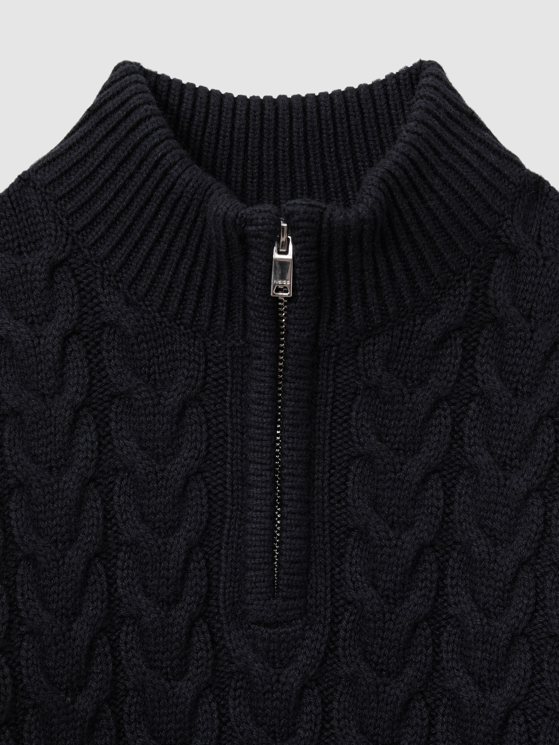 Junior Cabled Knitted Zip-Neck Jumper with Cotton and Wool in Navy - Image 5 of 5