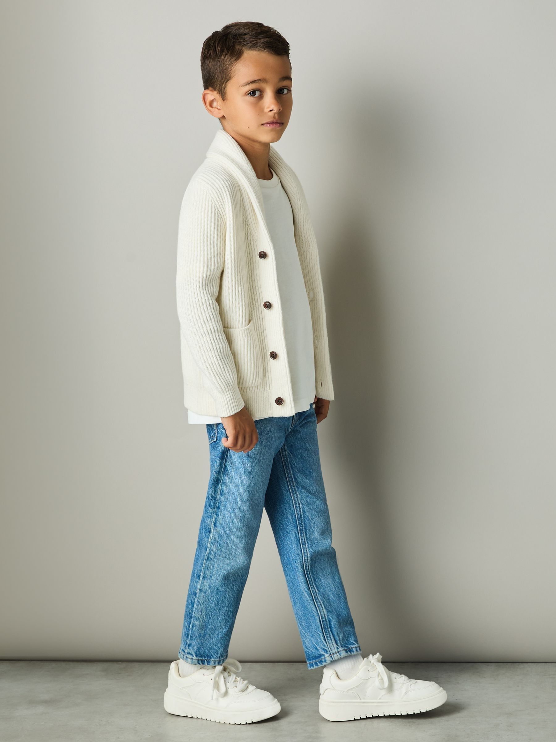 3-9 yrs Ribbed Shawl Cardigan With Merino Wool in Off White - Image 1 of 4