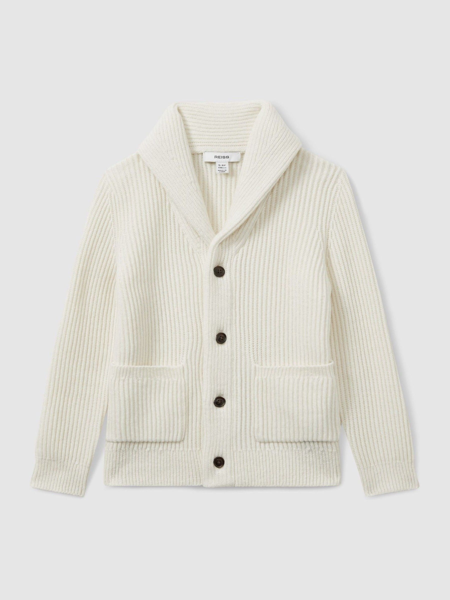 3-9 yrs Ribbed Shawl Cardigan With Merino Wool in Off White - Image 2 of 4