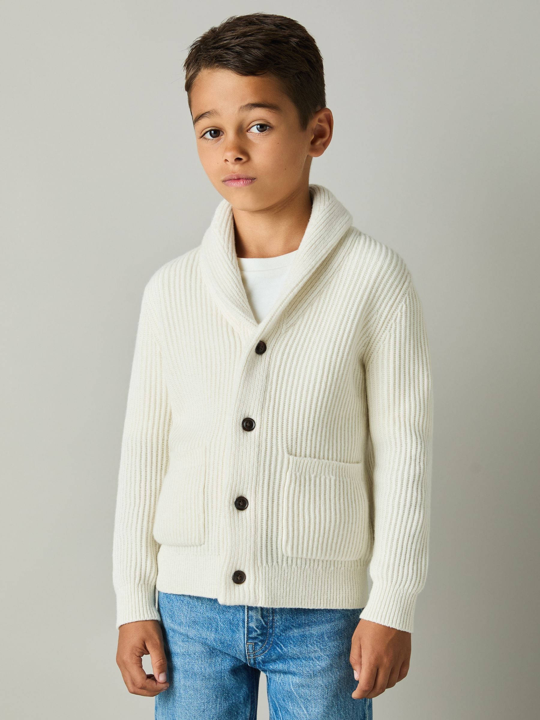 3-9 yrs Ribbed Shawl Cardigan With Merino Wool in Off White - Image 3 of 4