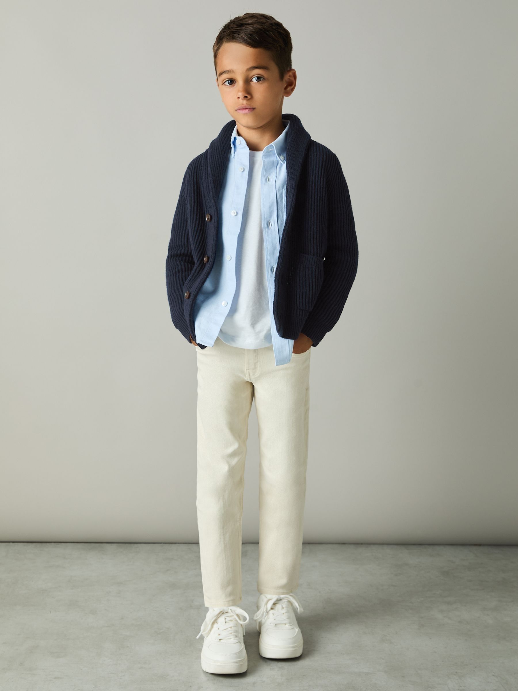 3-9 yrs Ribbed Shawl Cardigan With Merino Wool in Navy - Image 1 of 4