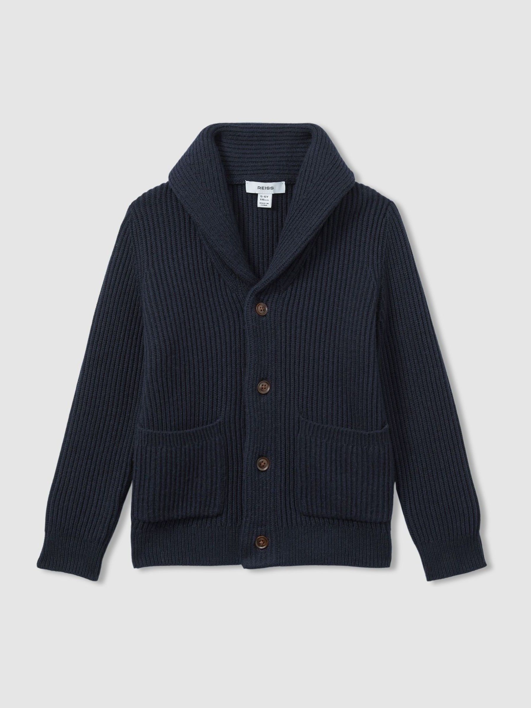 3-9 yrs Ribbed Shawl Cardigan With Merino Wool in Navy - Image 2 of 4