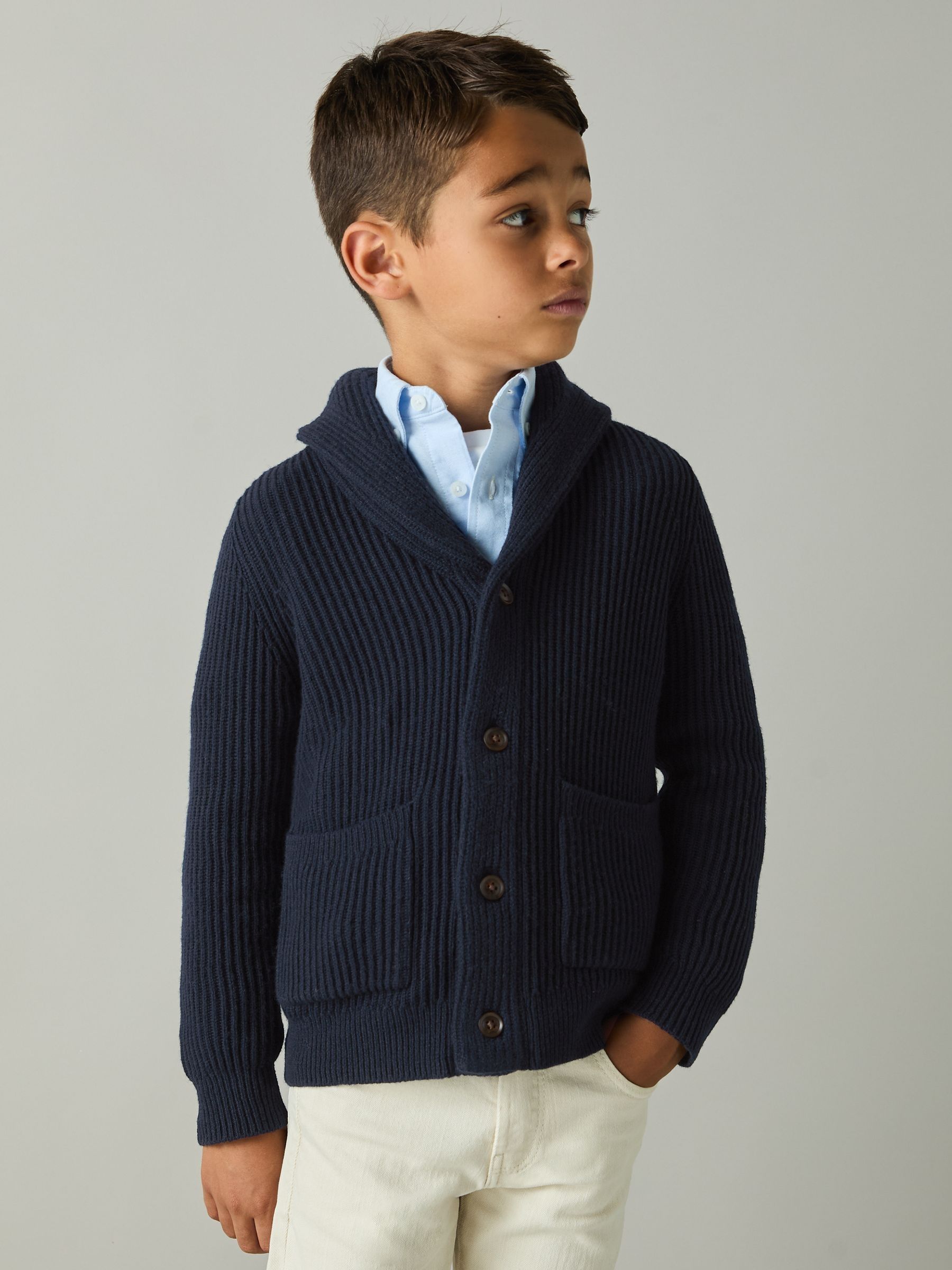 3-9 yrs Ribbed Shawl Cardigan With Merino Wool in Navy - Image 3 of 4