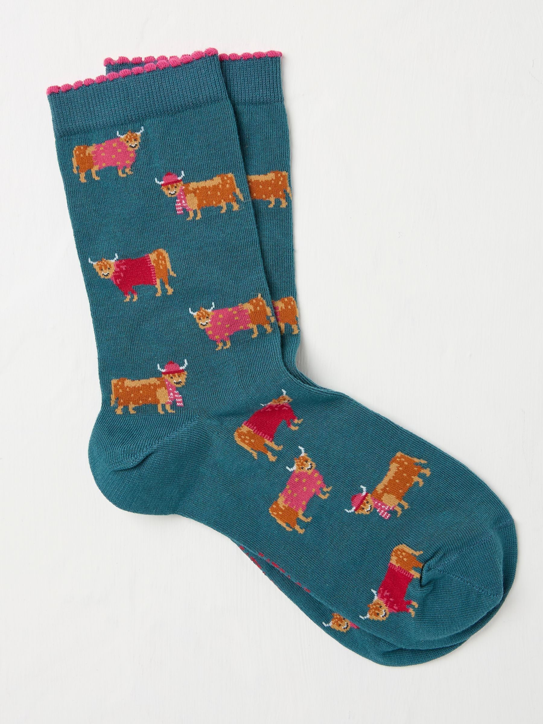 Blue Teal Womens Highland Cow in Jumper Socks 1 Pack - Image 1 of 2