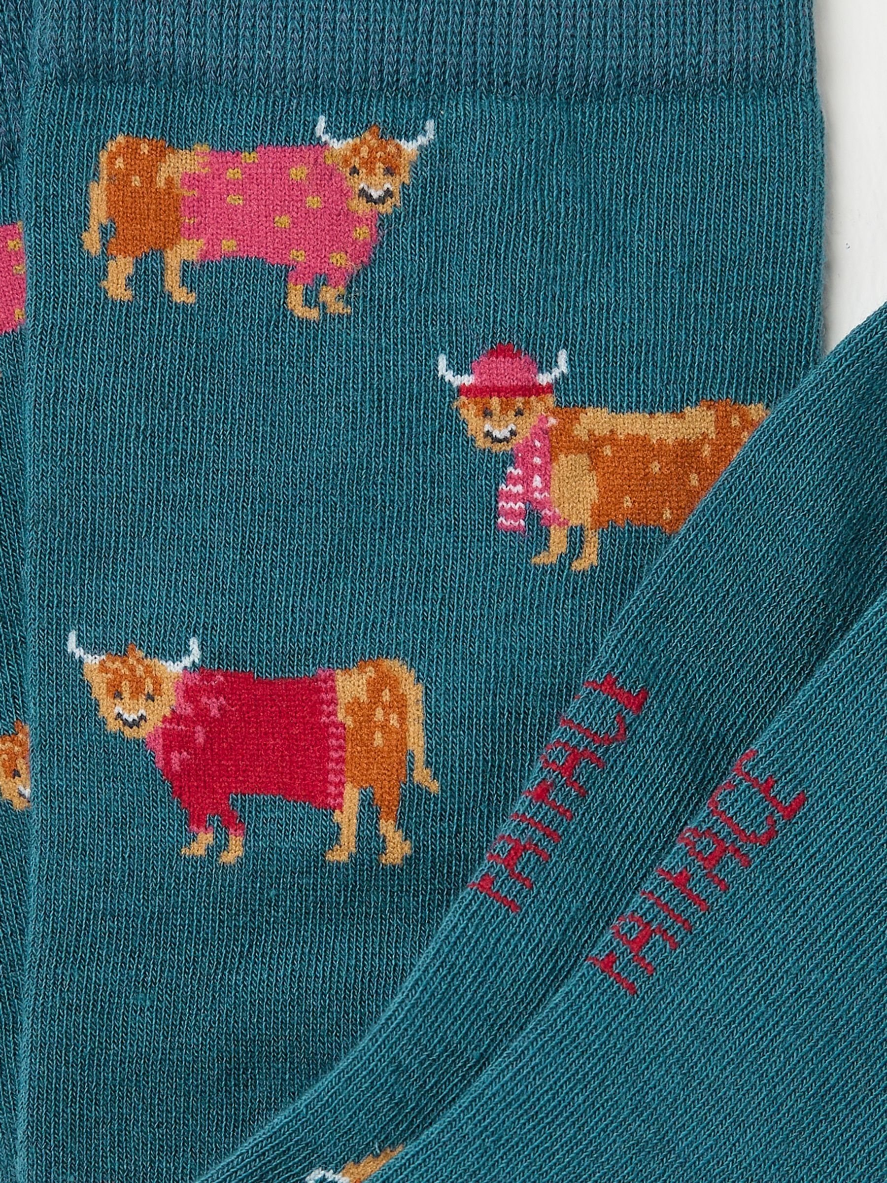 Blue Teal Womens Highland Cow in Jumper Socks 1 Pack - Image 2 of 2