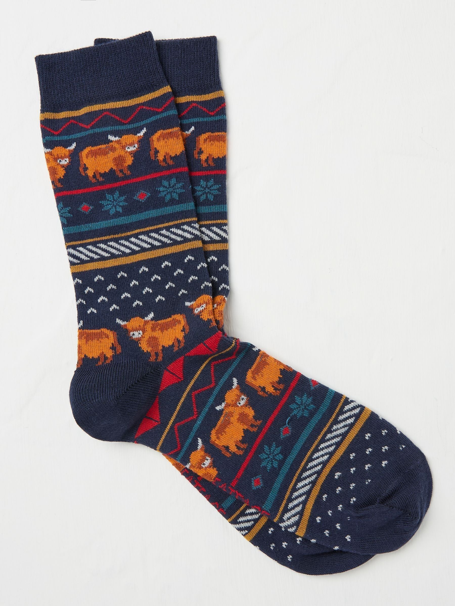Navy Highland Cow Fairisle Pattern Socks - Image 1 of 2