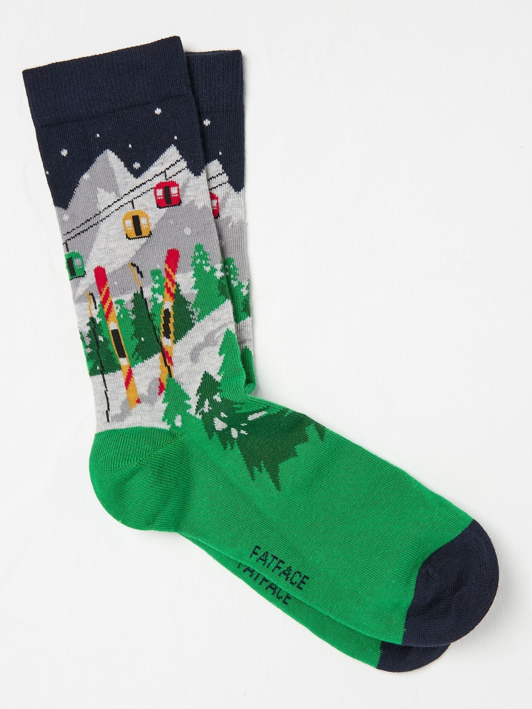 Green Mens Ski Scene Socks 1 Pack - Image 1 of 2 Green Mens Ski Scene Socks 1 Pack - Image 1 of 2