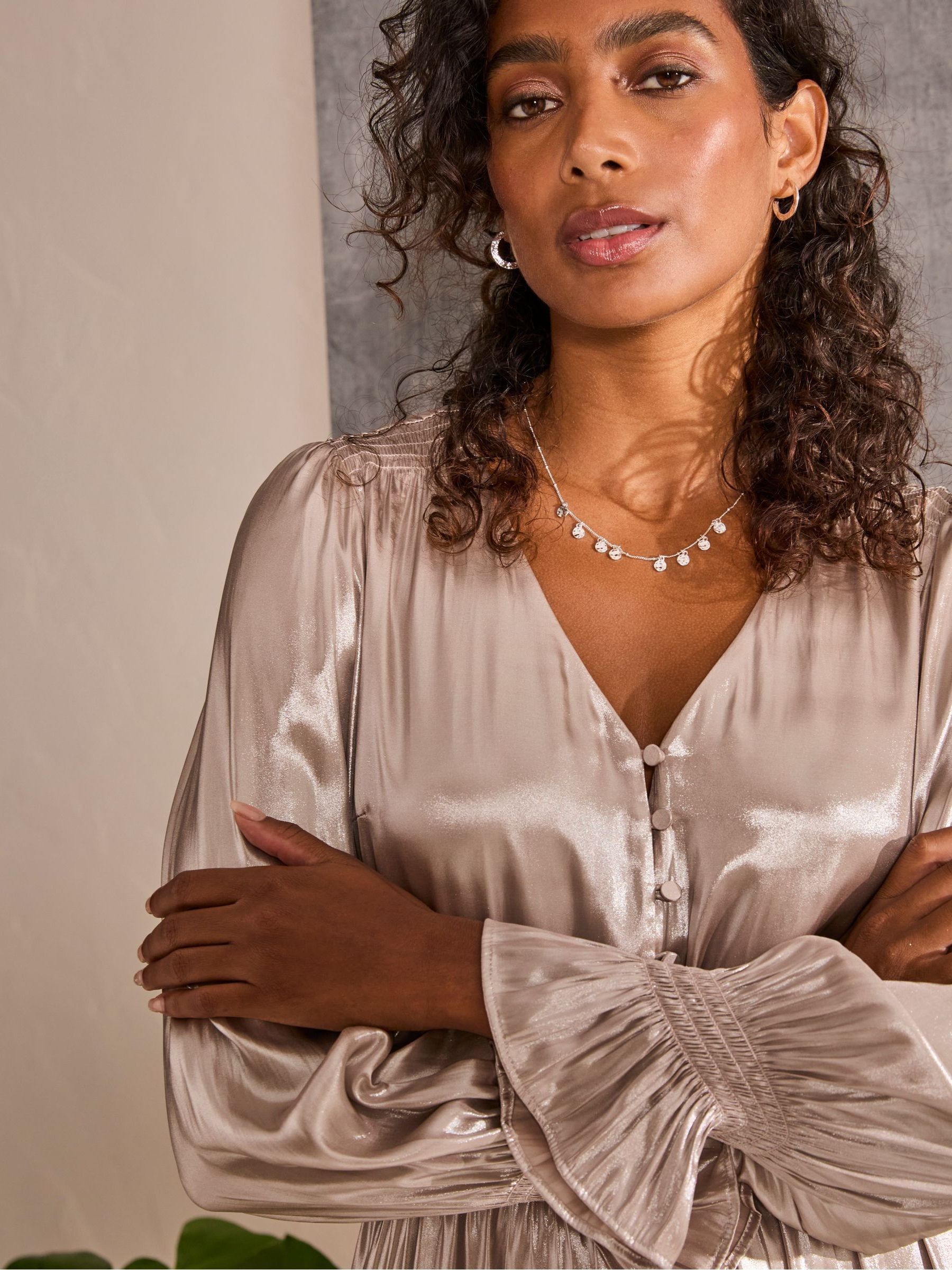 fatface metallic dress Morag Cooper showing us how to be the life of the party in our Copper & Black collection Eloise Metallic Blouse (almost gone!): https://www. fatface.com/women/clothing/shirts/eloise-metallic-blouse/981669.html Metallic Midi Skirt: https://www