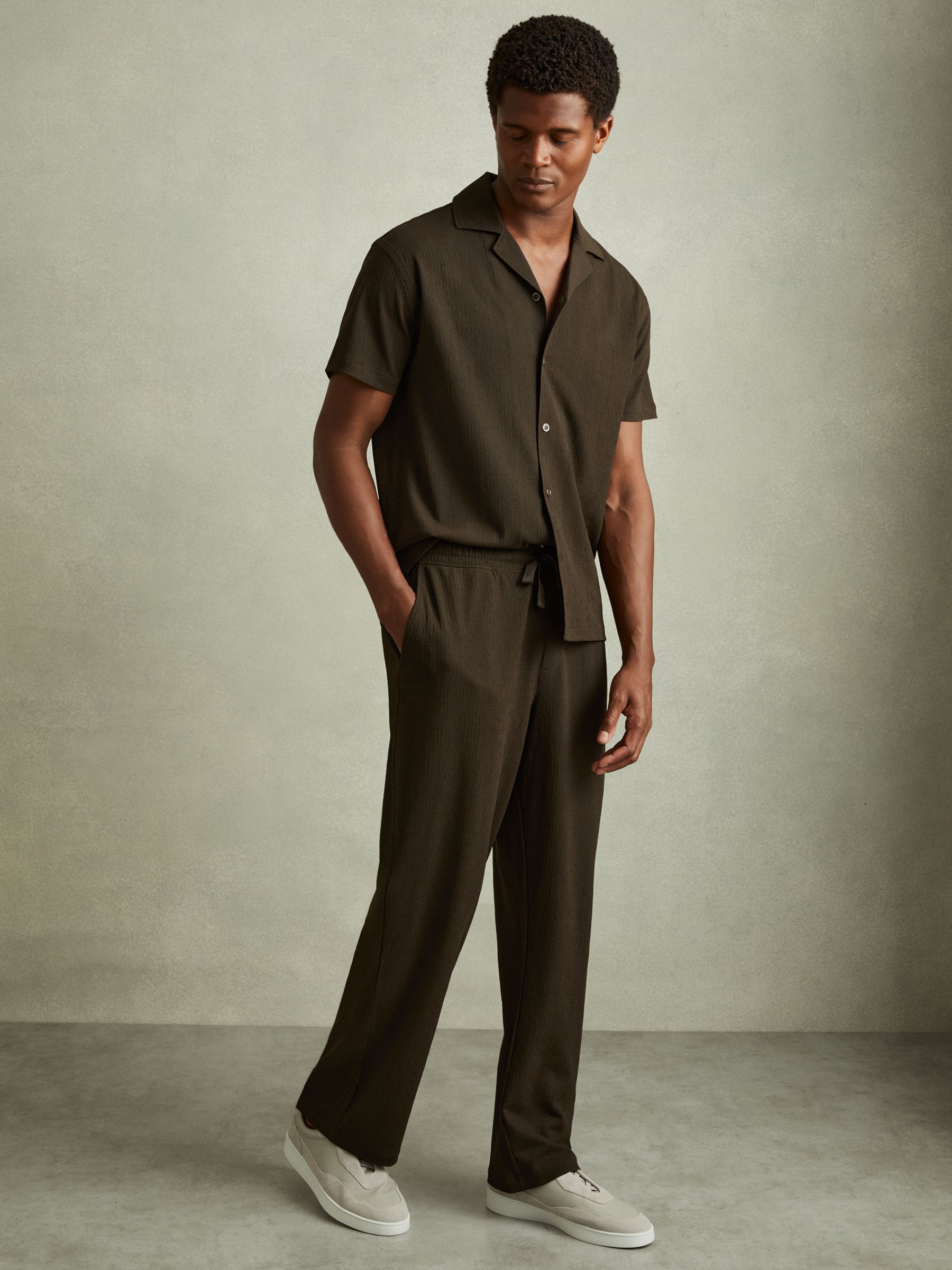 Textured Crepe Drawstring Trousers in Dark Olive Green - Image 3 of 6