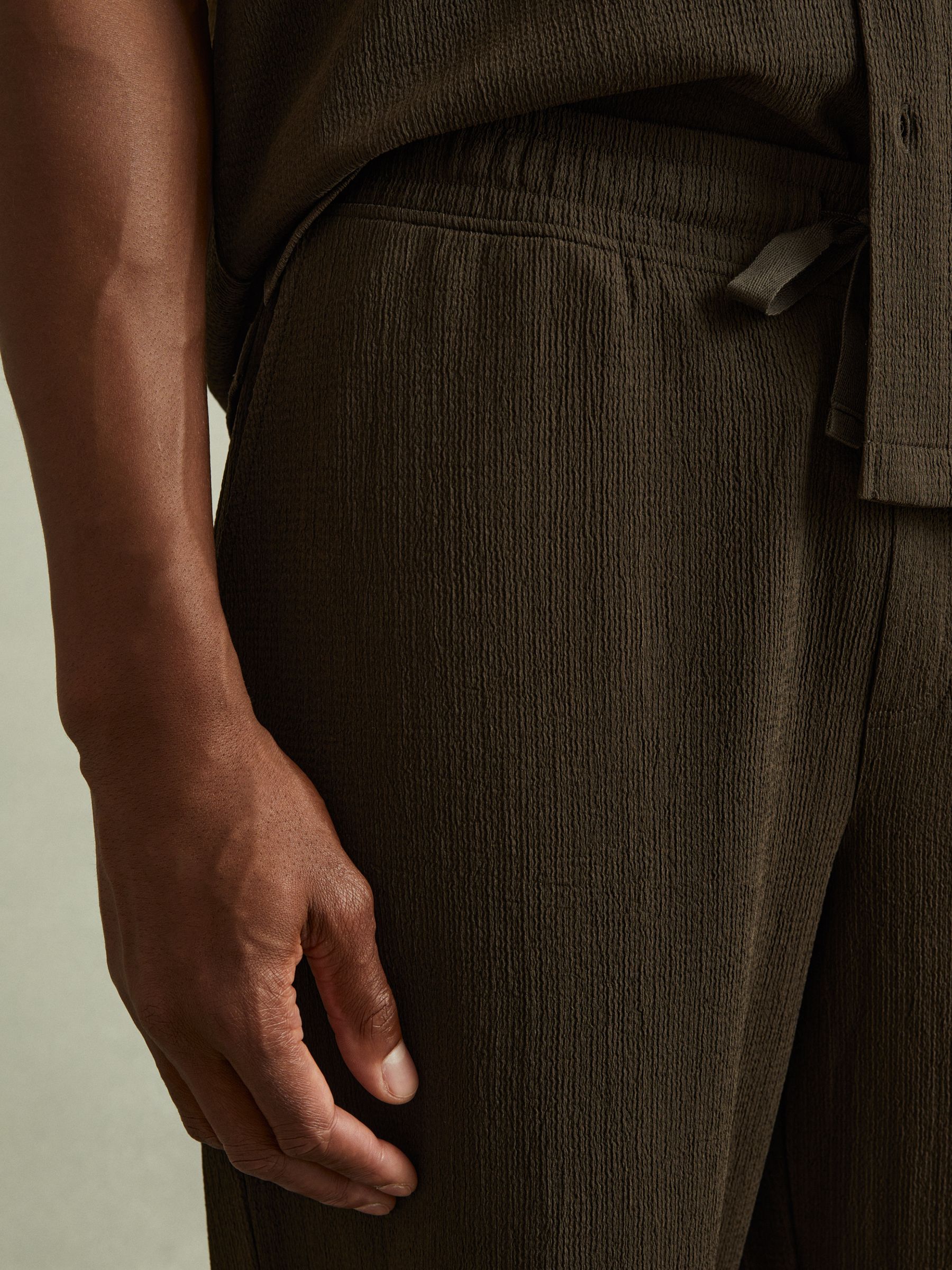 Textured Crepe Drawstring Trousers in Dark Olive Green - Image 4 of 6