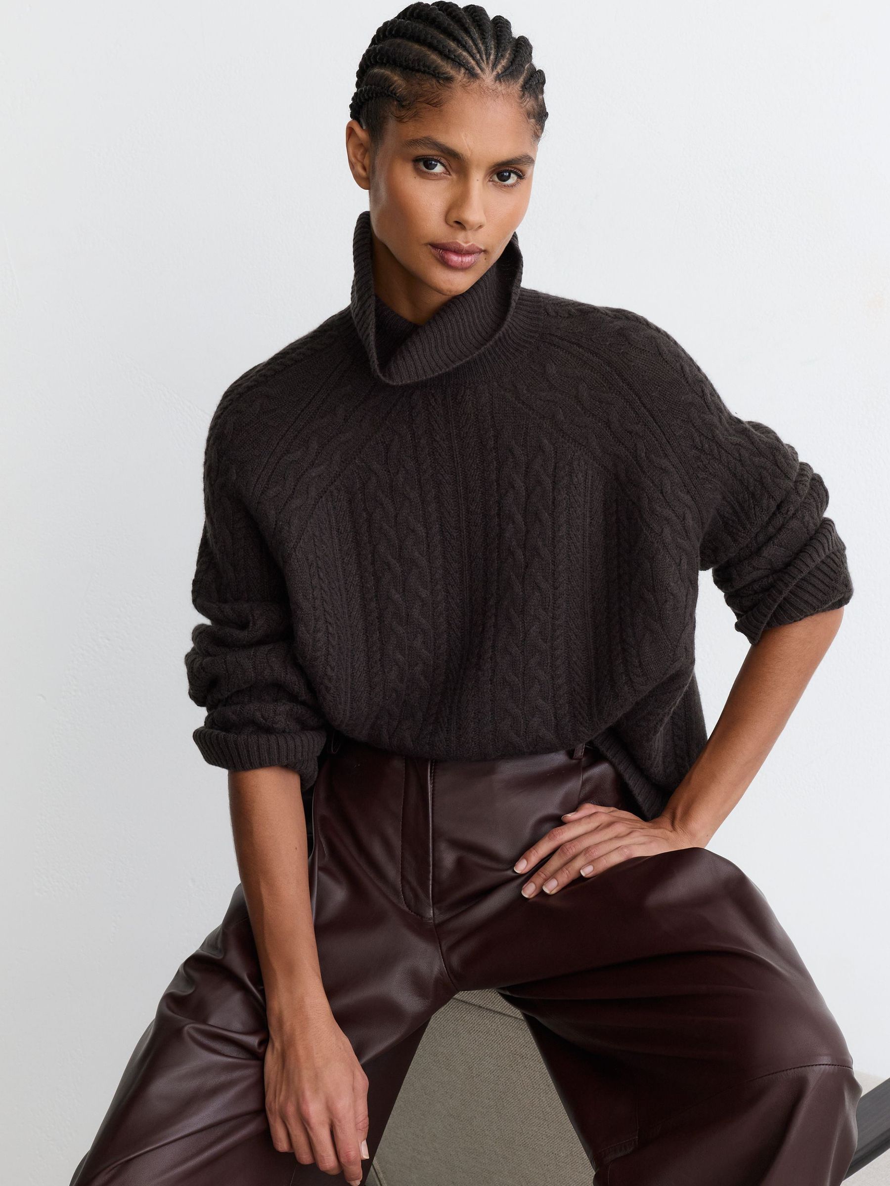 Wool-Cashmere Cable-Knit Roll-Neck Jumper in Chocolate Brown - Image 1 of 7
