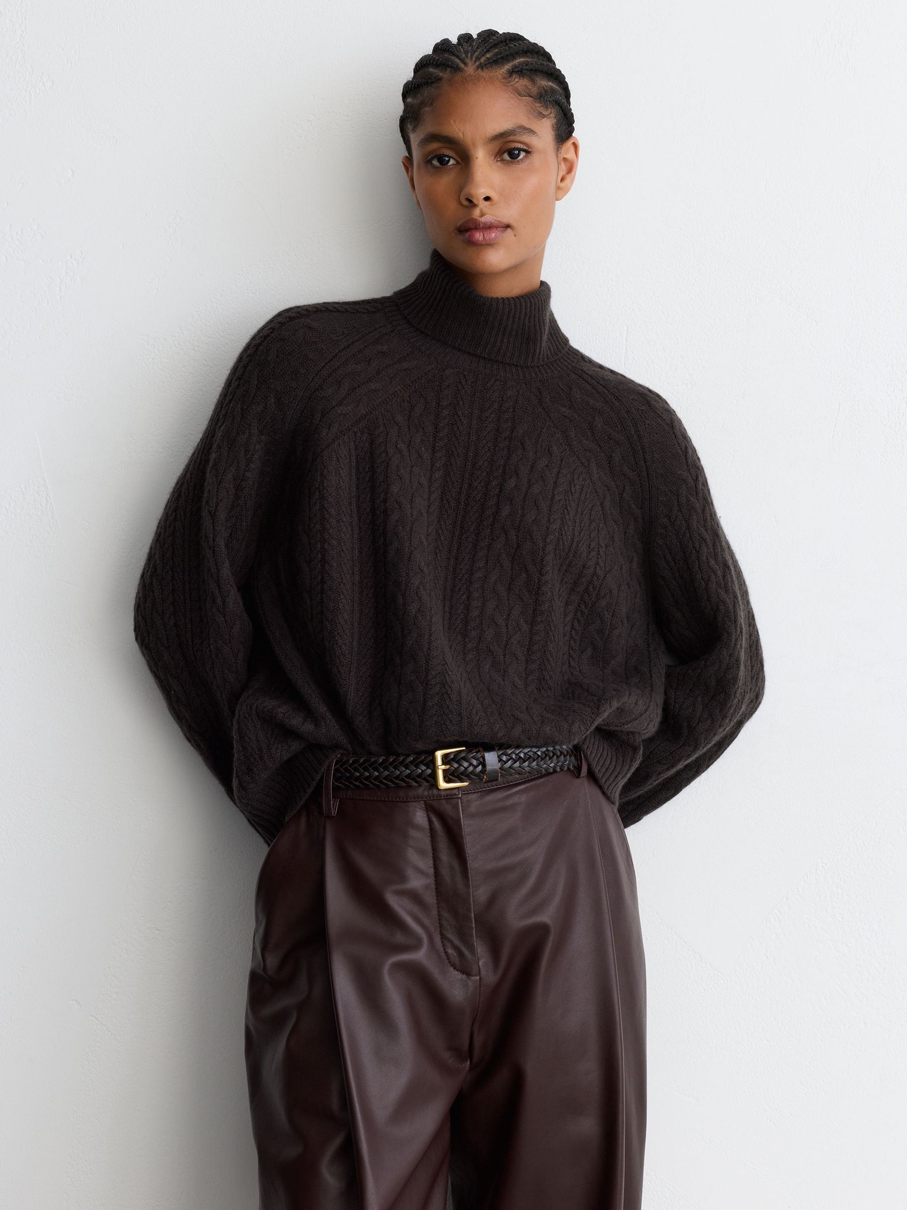 Wool-Cashmere Cable-Knit Roll-Neck Jumper in Chocolate Brown - Image 3 of 7