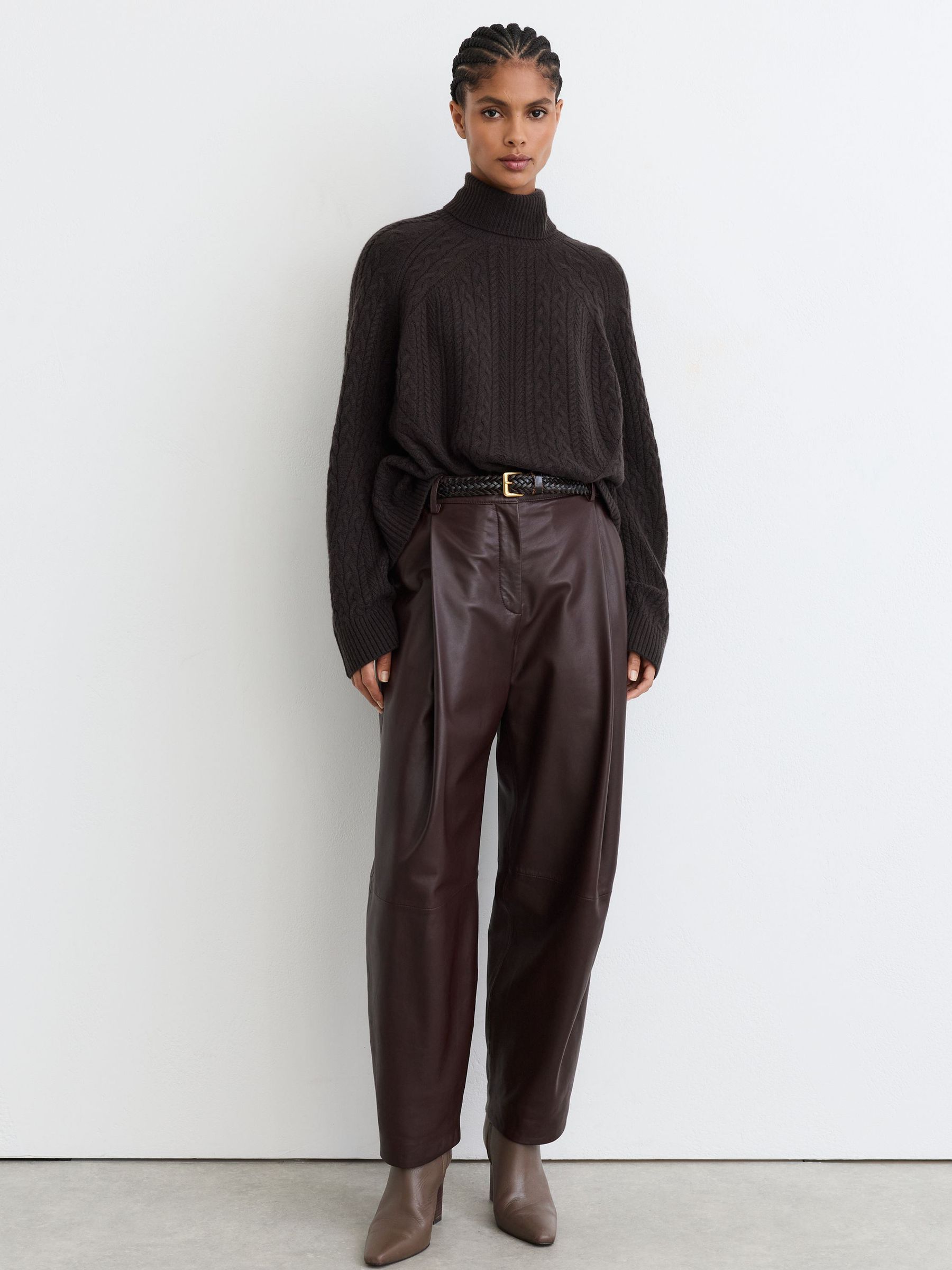 Wool-Cashmere Cable-Knit Roll-Neck Jumper in Chocolate Brown - Image 4 of 7