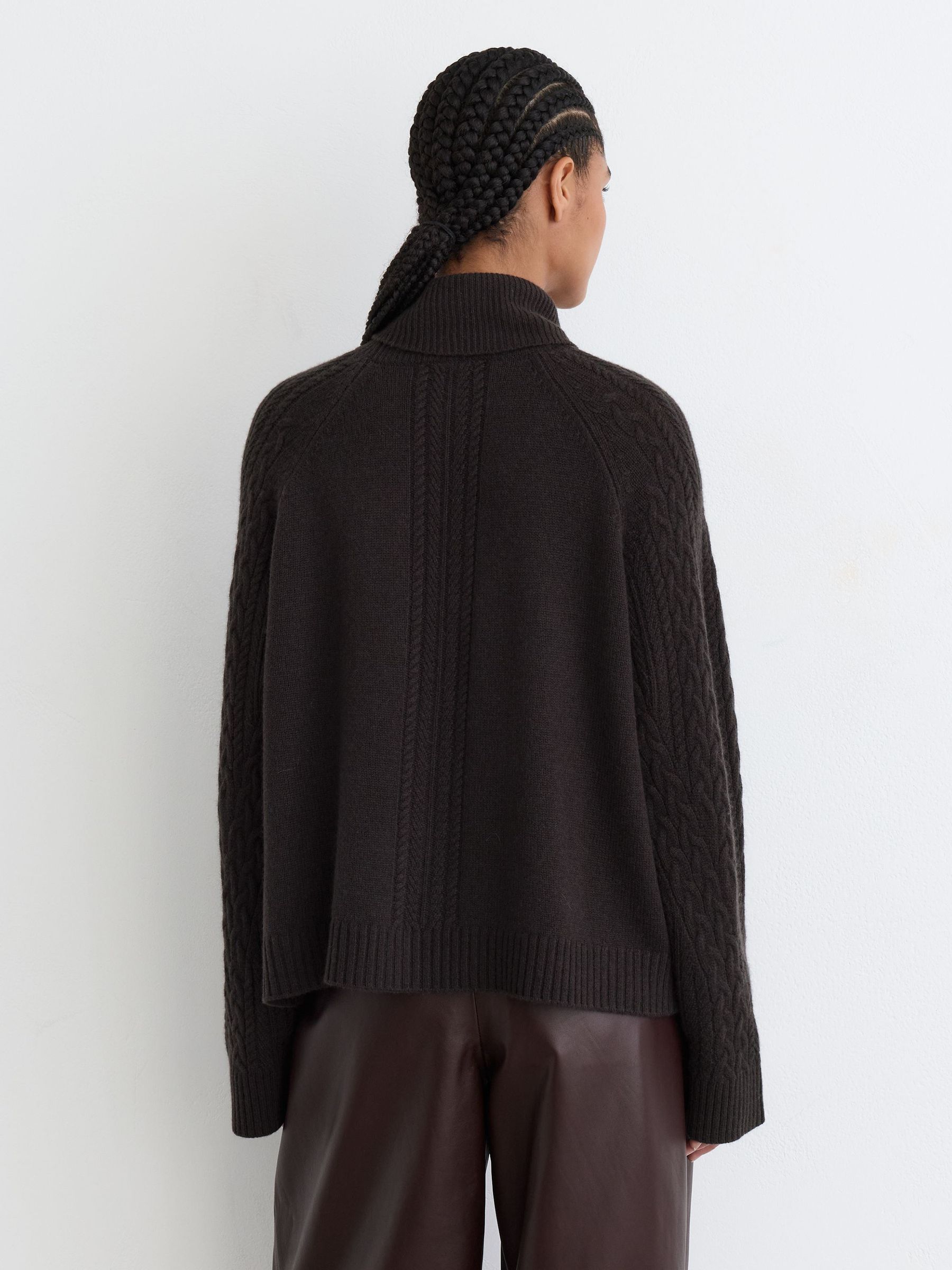 Wool-Cashmere Cable-Knit Roll-Neck Jumper in Chocolate Brown - Image 6 of 7