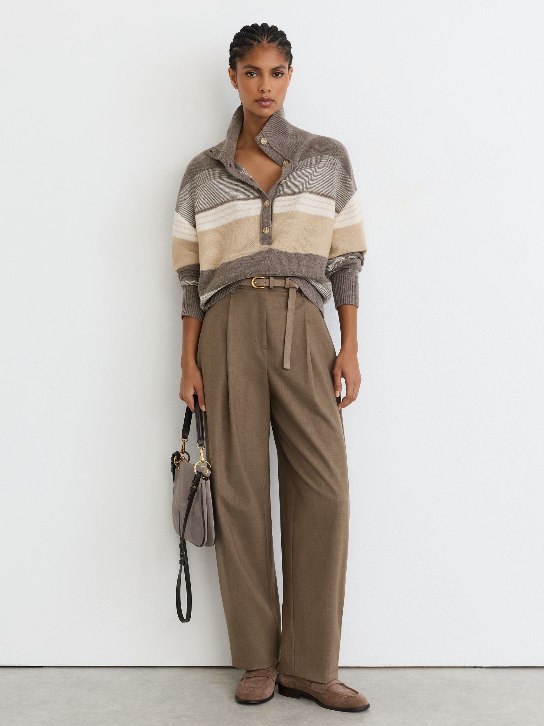 Wool-Cashmere Striped Half-Button Jumper in Neutral - Image 1 of 6