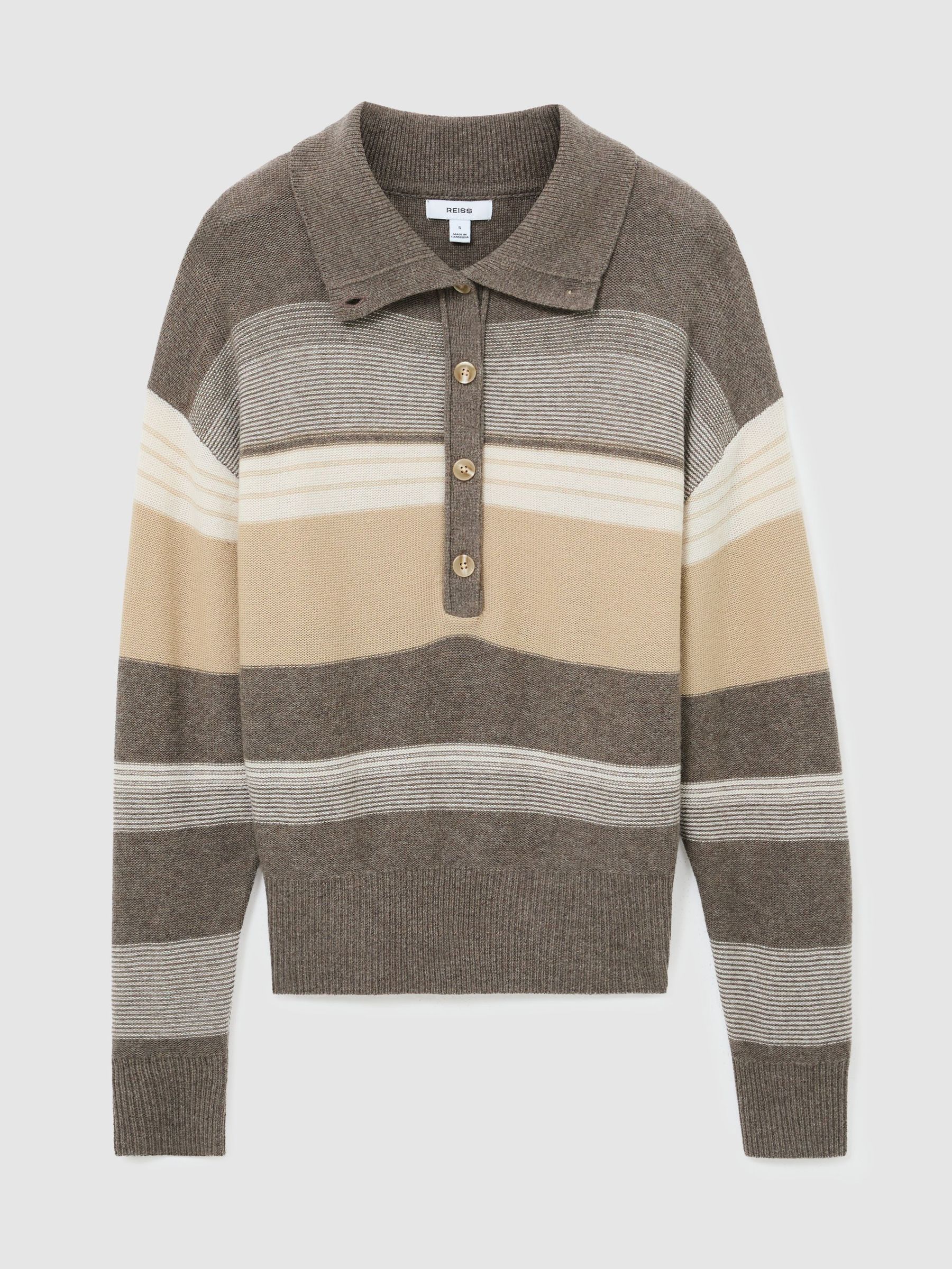 Wool-Cashmere Striped Half-Button Jumper in Neutral - Image 2 of 6
