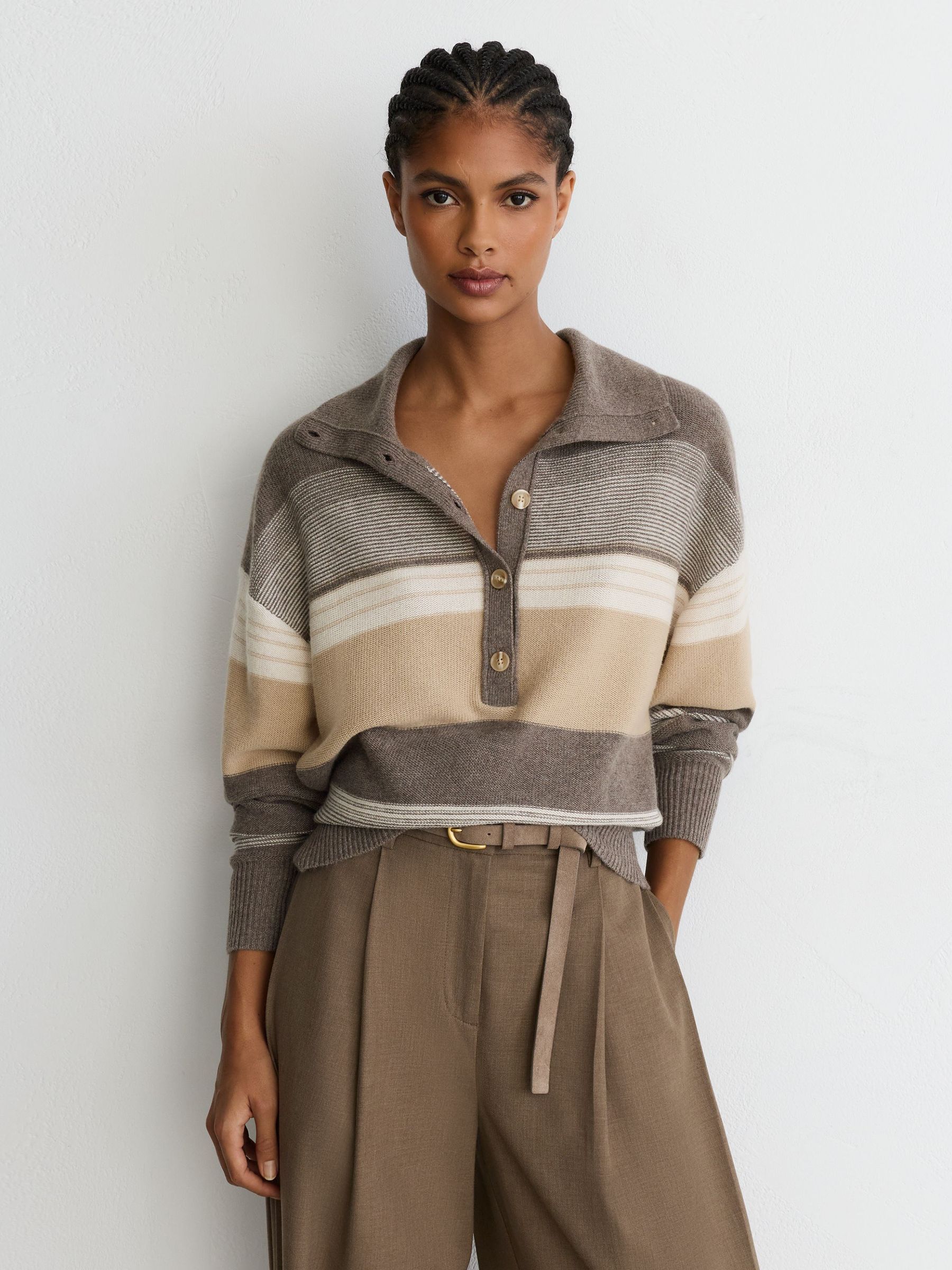 Wool-Cashmere Striped Half-Button Jumper in Neutral - Image 3 of 6