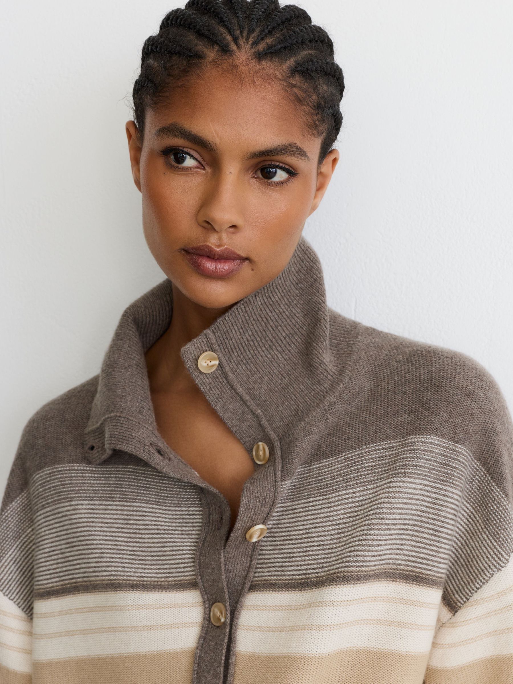 Wool-Cashmere Striped Half-Button Jumper in Neutral - Image 4 of 6