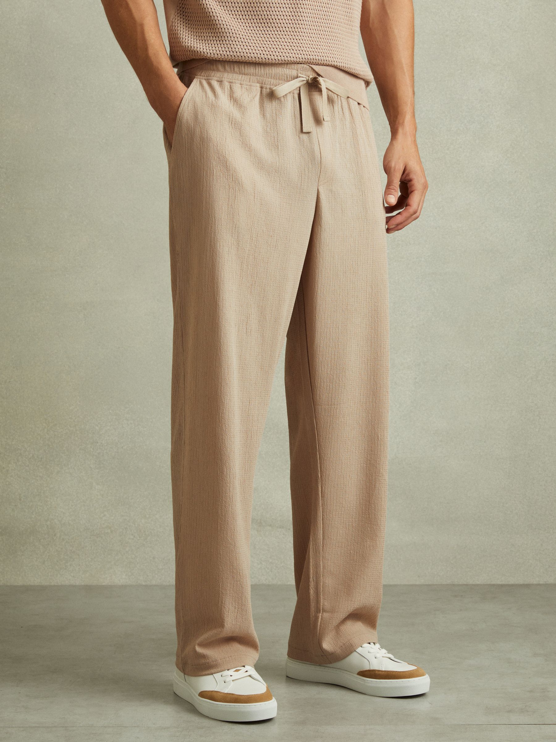 Textured Crepe Drawstring Trousers in Oatmeal - Image 1 of 5 Textured Crepe Drawstring Trousers in Oatmeal - Image 1 of 5