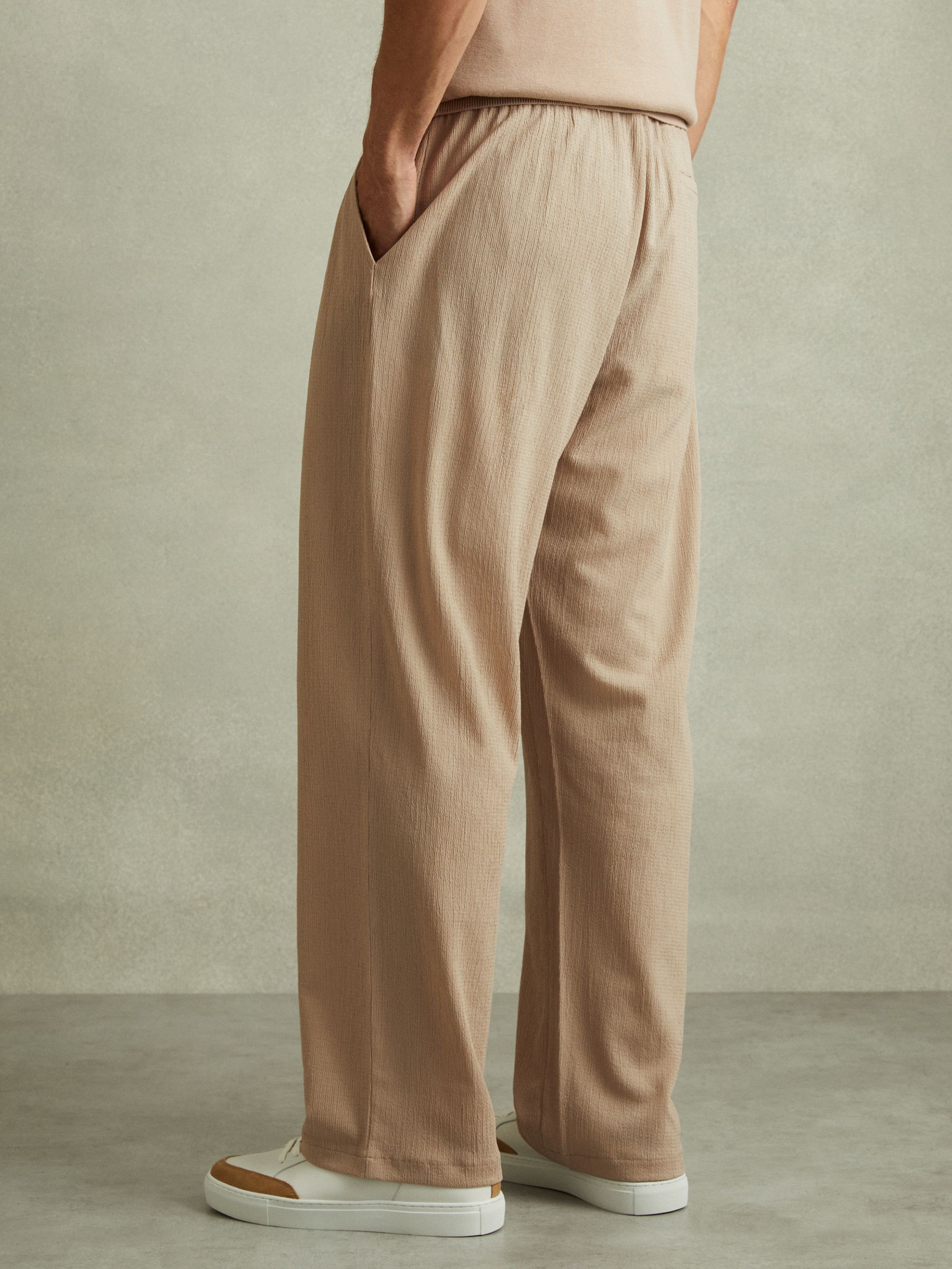 Textured Crepe Drawstring Trousers in Oatmeal - Image 4 of 5