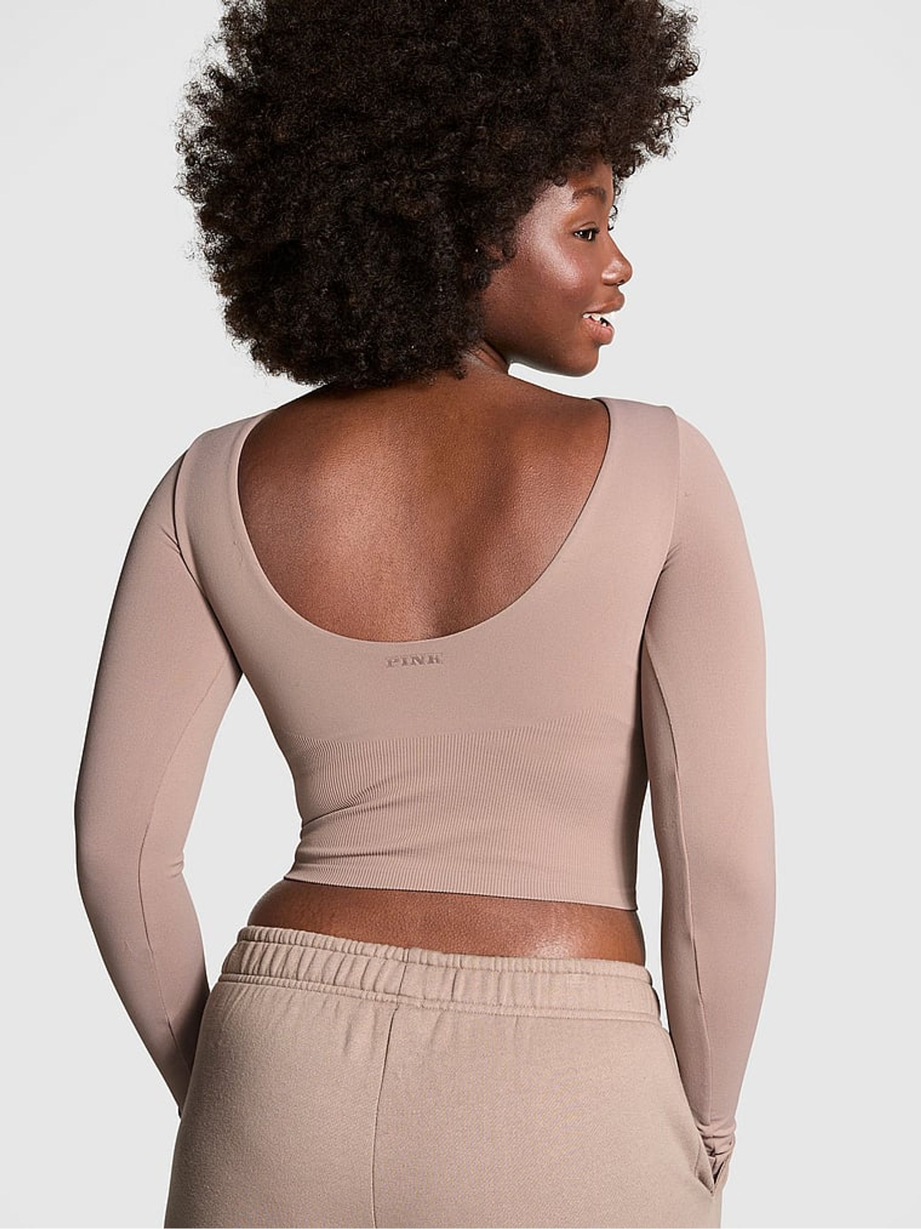Iced Coffee Brown Cropped Fitted Long Sleeve Top - Image 2 of 3