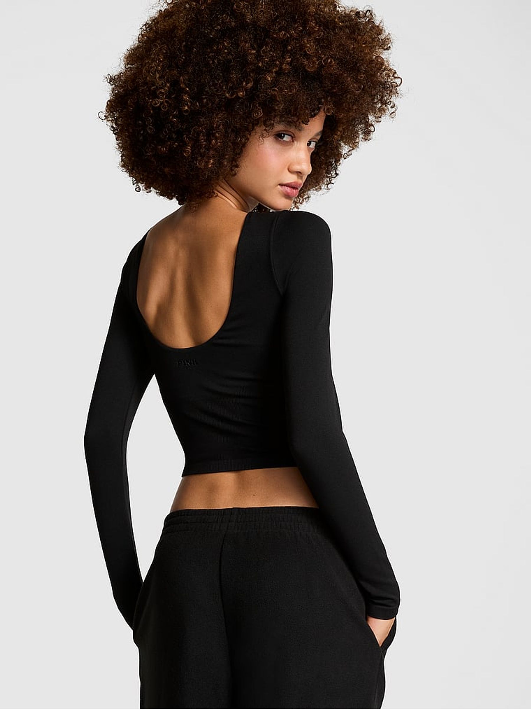 Black Cropped Fitted Long Sleeve Top - Image 2 of 3